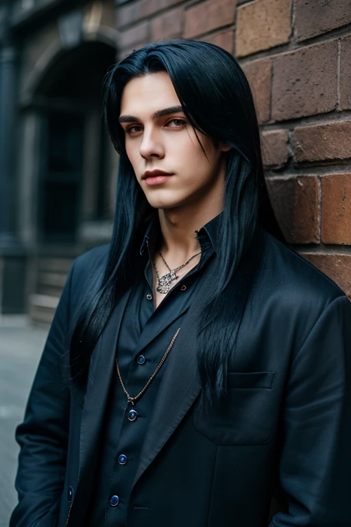 ((best quality)), ((masterpiece)), (detailed), Handsome face, male, 20 year old boy, dark blue hair, (long hair, untidy, Straight Hair), Gothic style outfit