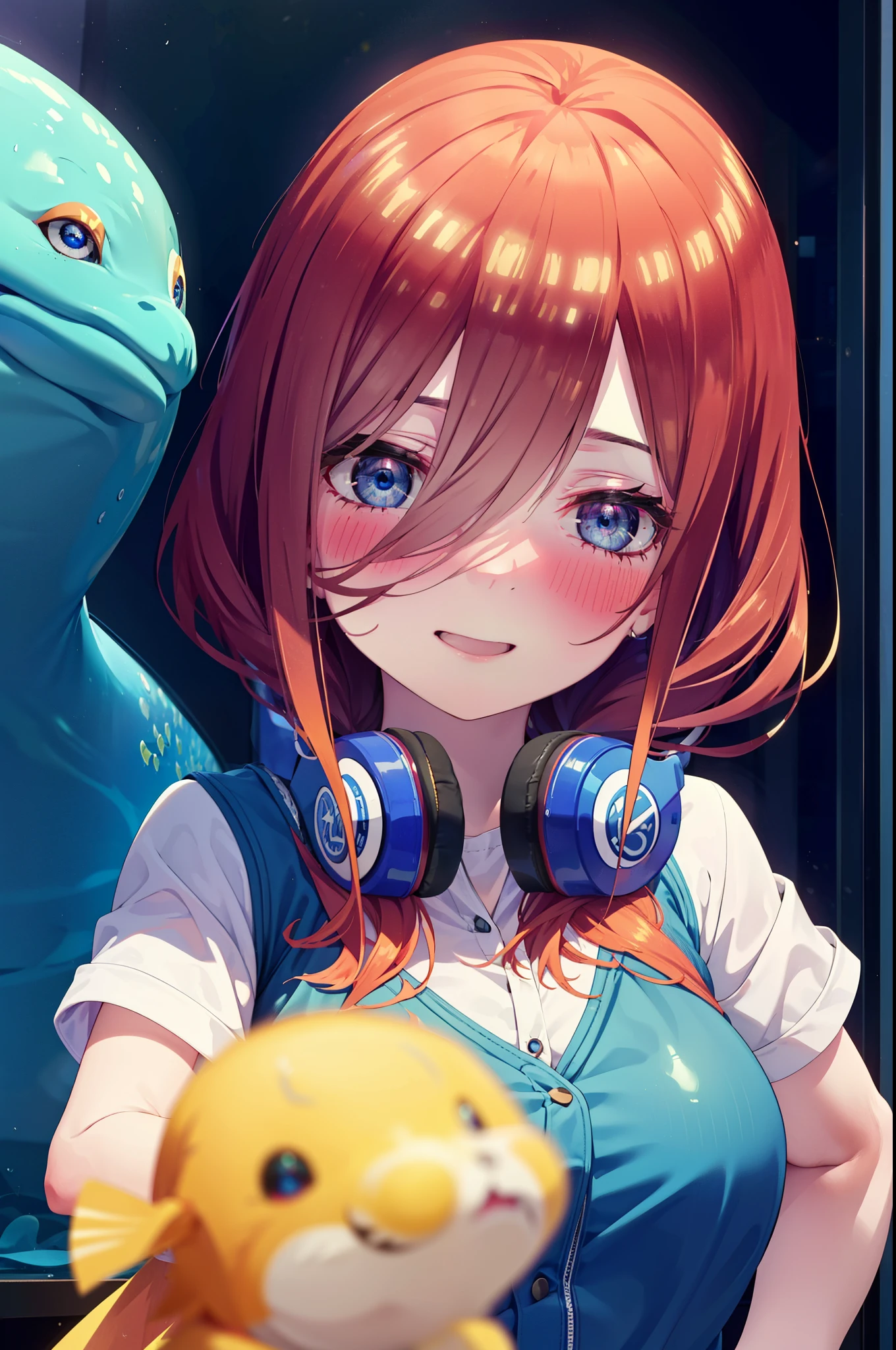 Mikunakano, Miku Nakano, Long Hair, bangs, blue eyes, Brown Hair, shirt, Hair between the eyes, cardigan, Headphones around neck,happy smile, smile, Open your mouth,Oversized blue hoodie,Short sleeve,Shorts,Black knee socks,High-top sneakers,Applejack Hat,whole bodyがイラストに入るように,A beautiful aquarium with fish swimming in a giant glass tank, A fantastic aquarium with sparkling lights,Dynamic and beautiful shadows, A breathtakingly beautiful sight,Beautiful girl gazing at fish in front of the aquarium、
break indoors, 水族館
break looking at viewer, whole body,
break (masterpiece:1.2), highest quality, High resolution, unity 8k wallpaper, (figure:0.8), (Beautiful fine details:1.6), Highly detailed face, Perfect lighting, Highly detailed CG, (Perfect hands, Perfect Anatomy),