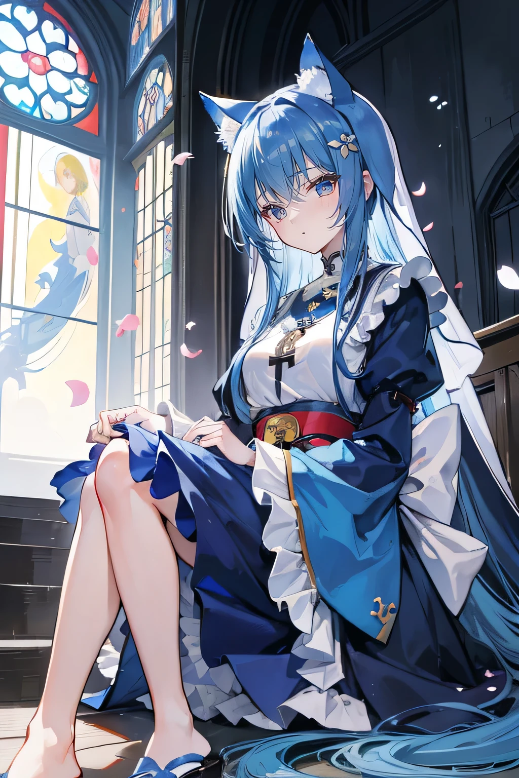 (masterpiece:1.2),Extremely detailed,Practical,expressive eyes,Fair skin,Perfect face shaping,1 Girl,
Japanese cartoons,Gorgeous blue hair, the long flowing blue hair,Floating clothes,Cat ears,Petals fall,beautiful lola,Young Angel,
Place your hands on your waist,sit elegantly on the ground,Cross your legs,Gentle and peaceful background,church,Nun&#39;s Clothes,back view.