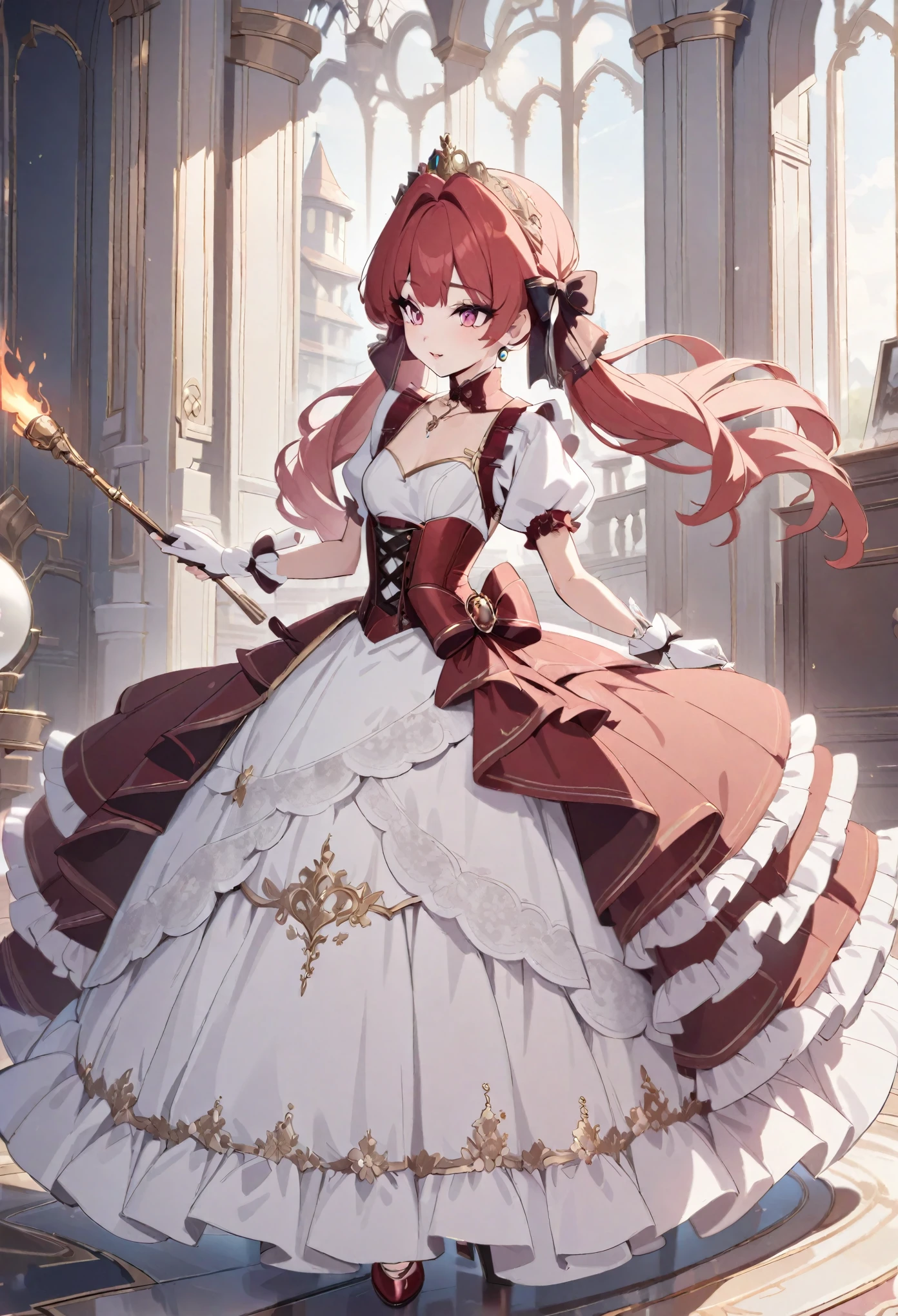 (best quality,4k,8k,highres,masterpiece:1.2),ultra-detailed, Pretty 15 years old princess, drawn in anime style, is cute and happy, long red twin tail hair, pink eyes, small breast, makeup and lipstick, steampunk, red and white ball gown with puffy sleeves, physically-based rendering,gorgeous princess dress design,flowing gown,elaborate lace details,rich textures,contrast stitching,delicate ribbon bows,floral accents, daisy flowers embroidery, full skirt,short sleeves,fitted waistline,flared cuffs,lace-up back,luxurious fabrics,flawless silhouette, petticoat, bloomers, bustle, corset, hair ribbons, white elbow gloves, ruby earrings and necklace, gold tiara, high heels, holding a fire magic wand, standing in castle bedroom, highly detailed, 4K.