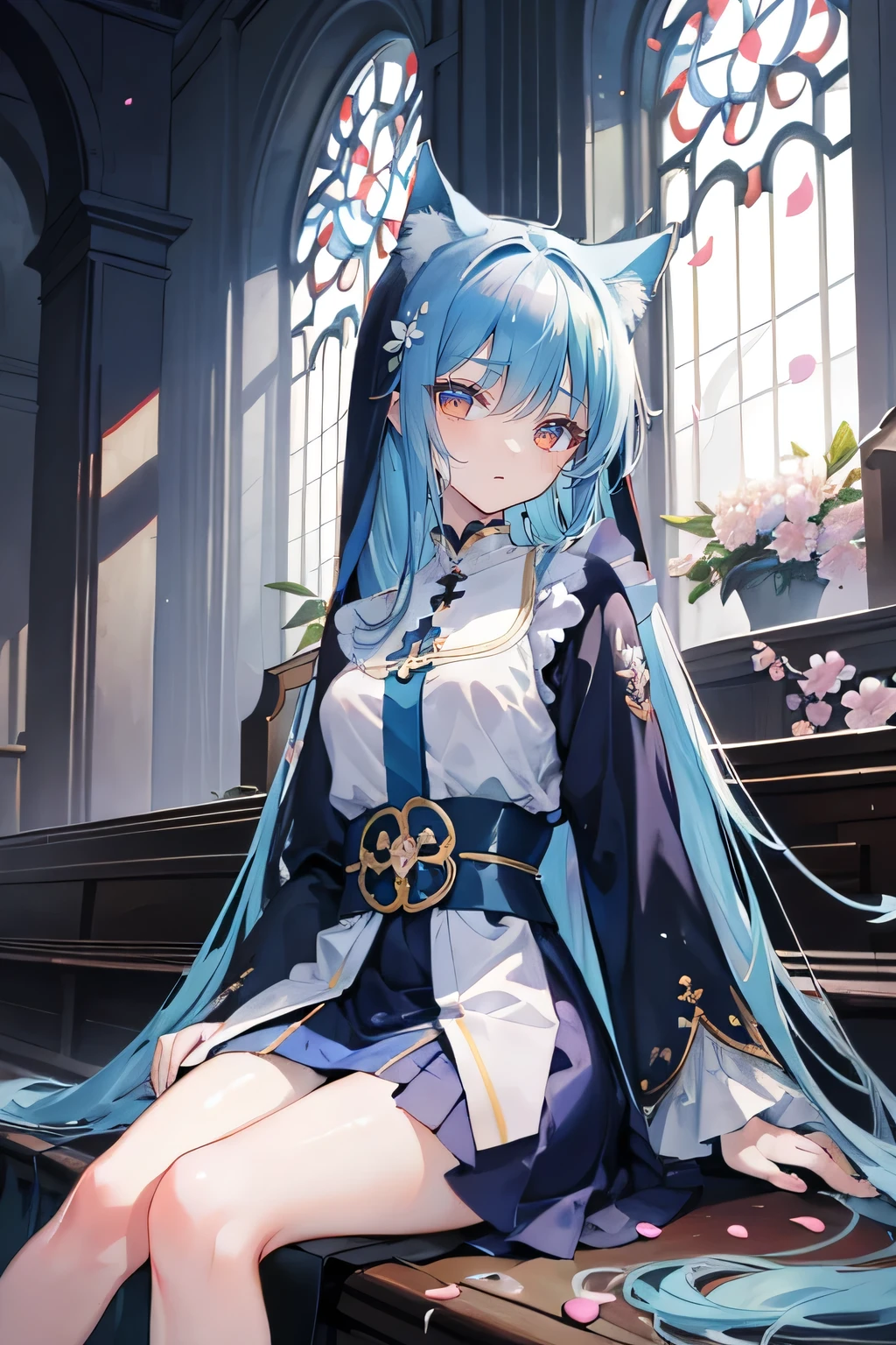 (masterpiece:1.2),Extremely detailed,Practical,expressive eyes,Fair skin,Perfect face shaping,1 Girl,
Japanese cartoons,Gorgeous blue hair, the long flowing blue hair,Floating clothes,Cat ears,Petals fall,beautiful lola,Young Angel,
Place your hands on your waist,sit elegantly on the ground,Cross your legs,Gentle and peaceful background,church,Nun's Clothes,back view.