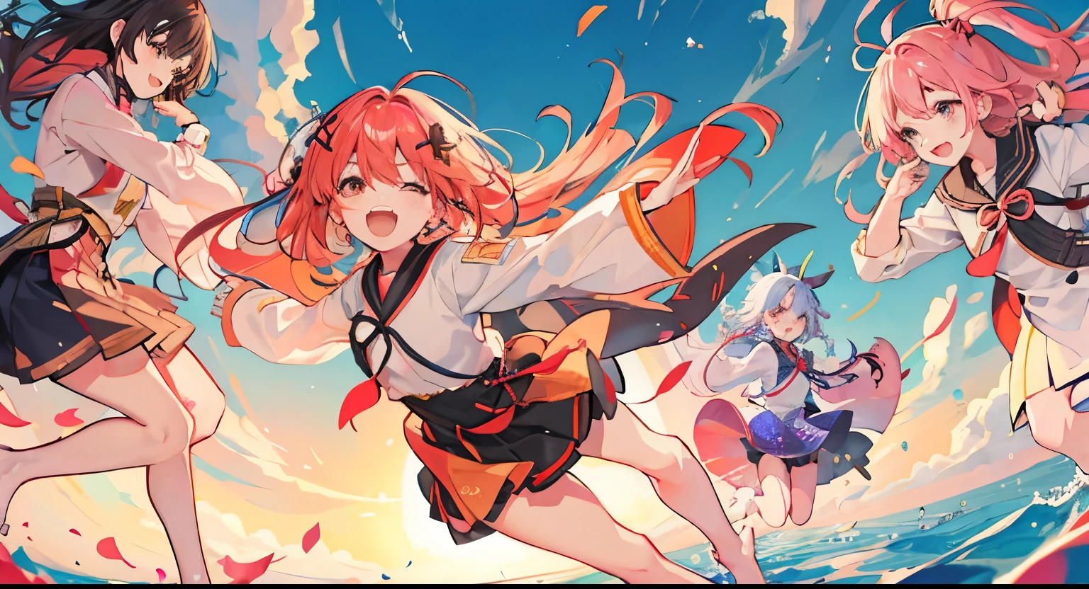 夕焼けnull、null、Falling Girl、Banzai、They seem to be having fun.、Hair swaying、Fall vertically、Asunoyozora Patrol Team、Boys and girls falling in a circle、Very fantasticな雰囲気、Particles of light、Floating in the clouds、天null、Hold hands and make a circle、thumbnail、Very fantastic、High quality、Laughing happily