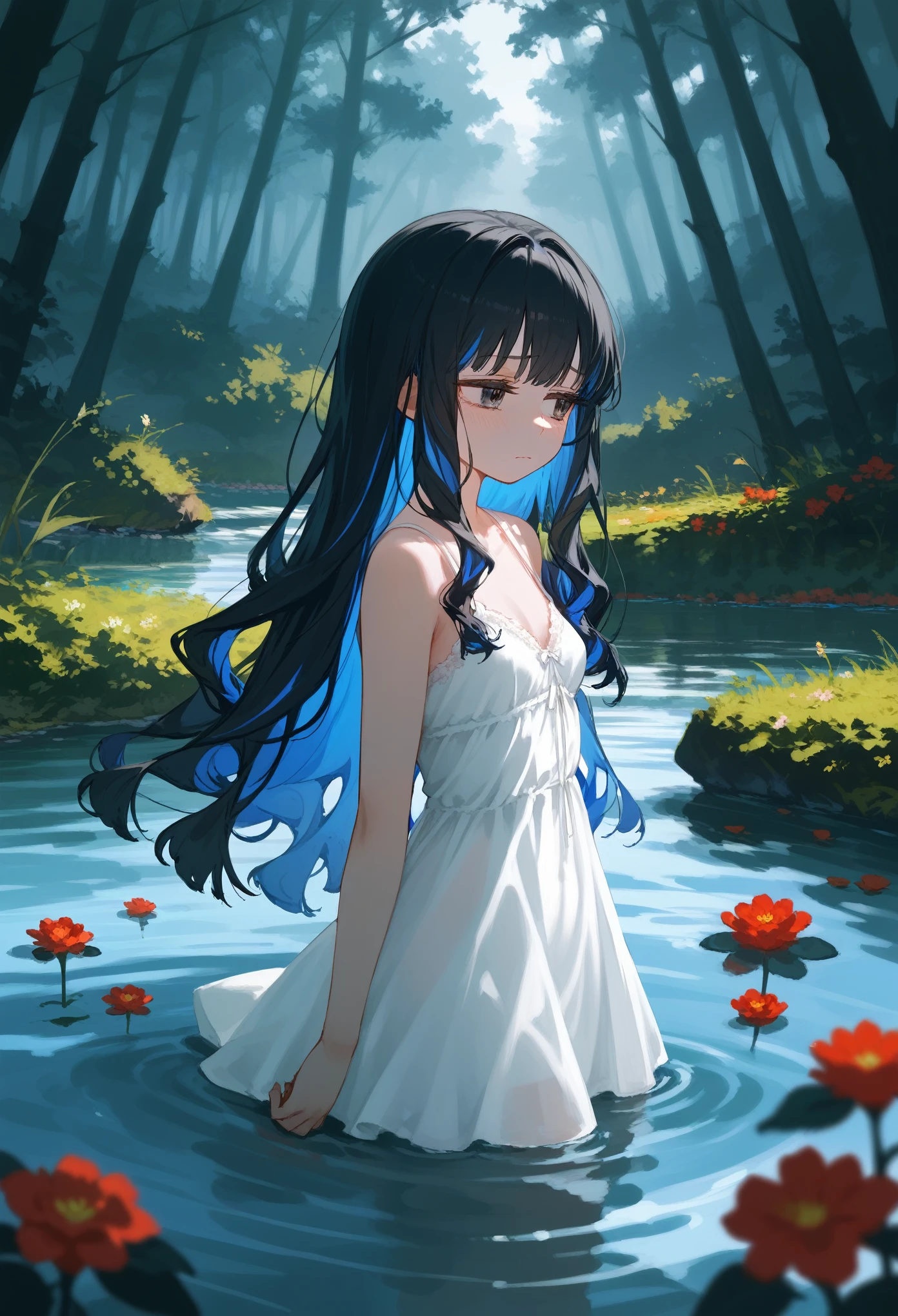 1girl, solo, long hair, black hair, colored inner hair, blue hair, wavy hair, white chemise dress, bare shoulders, arms on sides, upper body, looking away, sad, narrowed eyes, small breasts, river, partially submerged, forest, day, beautiful scenery, flowers, masterpiece, score_9, score_8_up, score_7_up