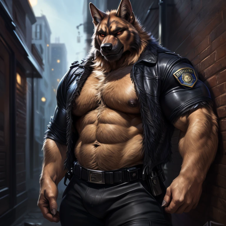 (Jackal), (german shepherd), big muscles, anthro, full body shot, ((((deep fur:1.5)))), ((((deep body:1.5)))), (((open police jacket))), (((police badge))), (((((black police jacket:1.1)))), ((black police pants)), male, solo, adult, older, muscles, muscular male, (((night))), (alley background), ((muscular abs)), ((huge pecs)), ((nipples)), ((front)), high details, detailed muscles, detailed face, looking at viewer, (((angered serious face))), ((bodybuilder body)), muscular face, masculine face, manly, huge muscles, hunk, beefy by bruteandbrawn, by raccoon21, by darkgem, by personalami, by chunie, by kenket, (intricate, high detail, film photography, soft focus, RAW candid cinema, photorealism, realistic, photorealistic, analog style, subsurface scattering, masterpiece, best quality, ultra realistic, 8k)