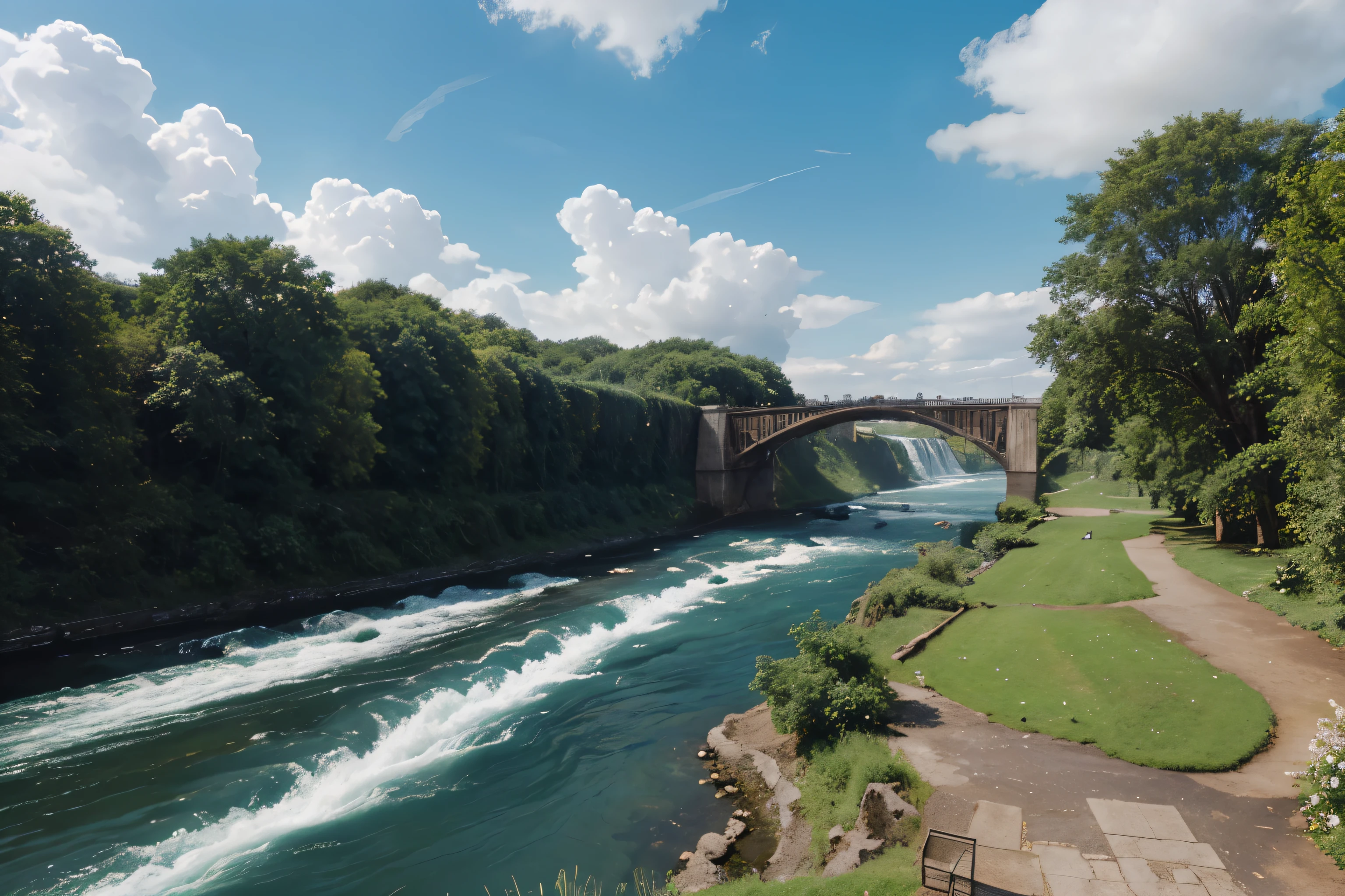 ConceptArt, no humans, scenery, water, sky, day, tree, cloud, waterfall, outdoors, building, nature, river, blue sky