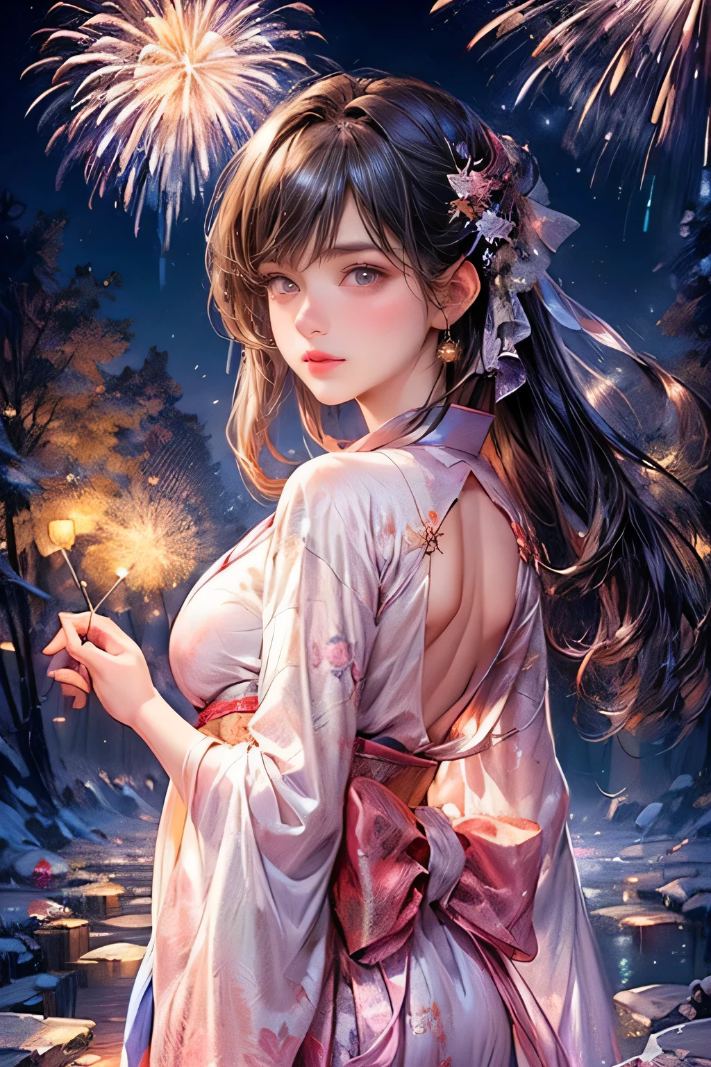 masterpiece:1.2, highest quality, 16k, perfect beauty, ultra-realistic, photorealistic:1.37, beautifuldetailed:1.2, (double exposure The light trail of large fireworks lights up the night sky), (layered beautiful Translucent girl looking up at the sky), yukata, standing, beautiful delicate(hair, face, long eyelash, eyes, pupils, lips, yukata), sparkling eyes, shining rosy lips, blushed cheek, lake:1.2, dynamic angle, back view