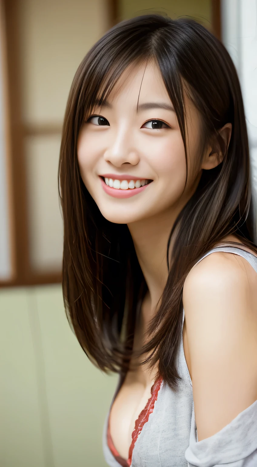 masterpiece,best quality,(Japanese ),((Beautiful girl)),cleavage,indoor,(perfect body beauty:1.2),(shy smile),beautiful teeth,