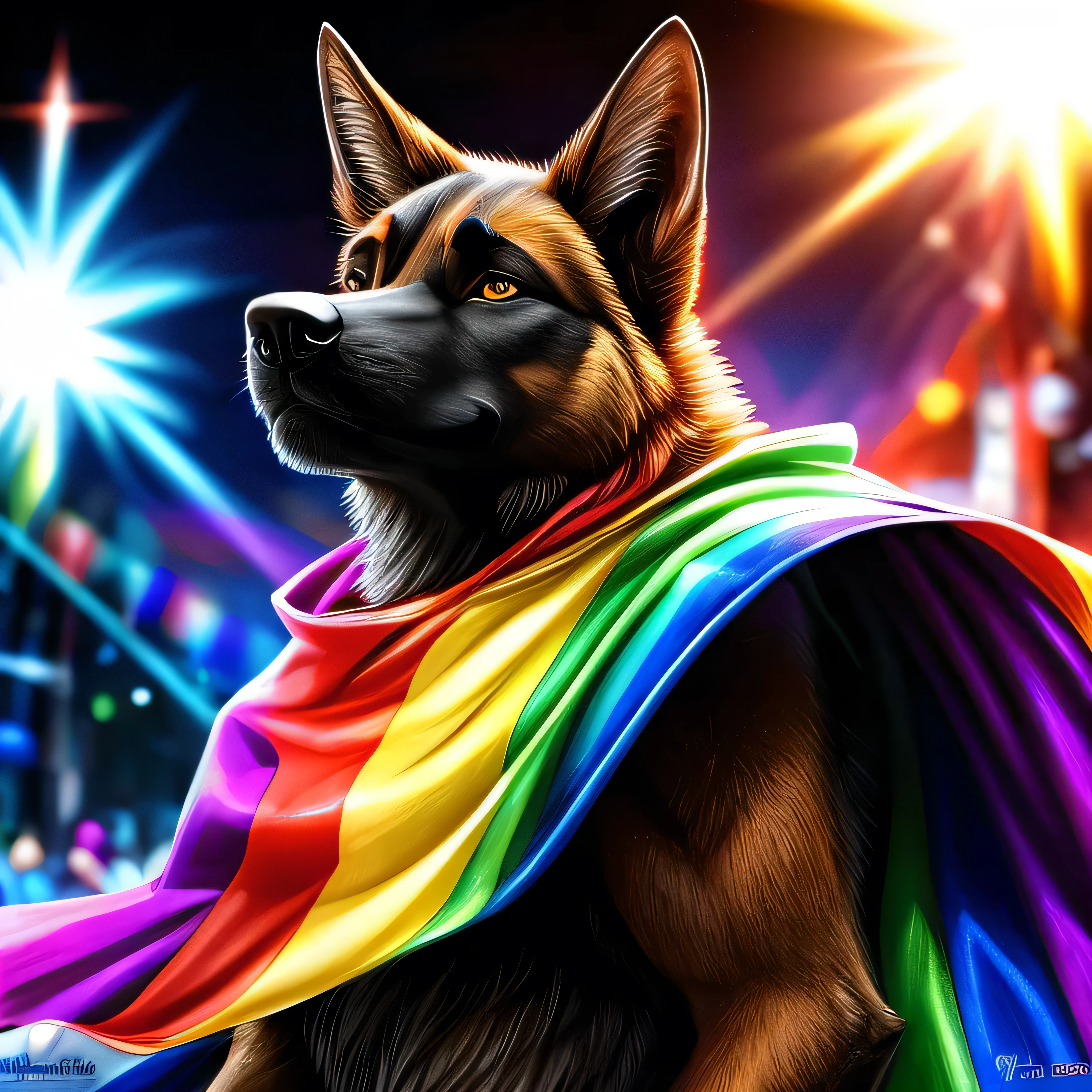 Black furred german shepherd with a bright and a flowing gay pride cape., altura completa, divino, sharp focus, renderizado de octanaje, HDR, atomspheric,