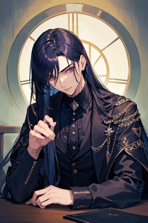 ((best quality)), ((masterpiece)), (detailed), Handsome face, male, 20 year old boy, dark blue hair, (long hair, untidy, Straight Hair), Gothic style outfit