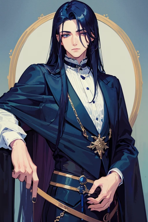 ((best quality)), ((masterpiece)), (detailed), Handsome face, male, 20 year old boy, dark blue hair, (long hair, untidy, Straight Hair), Gothic style outfit