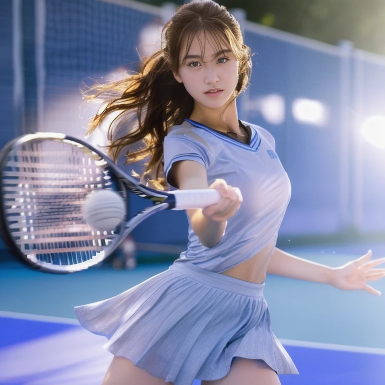 Photo-realistic quality、水色のTennis Wearーを着てテニスラケットを振っている20College girl , a girl Playing tennis, Tennis Wear, Playing tennis, Realistic rackets, Detailed and beautiful eyes、Playing tennisアイドル、Grey skort、The moment the yellow ball is hit、