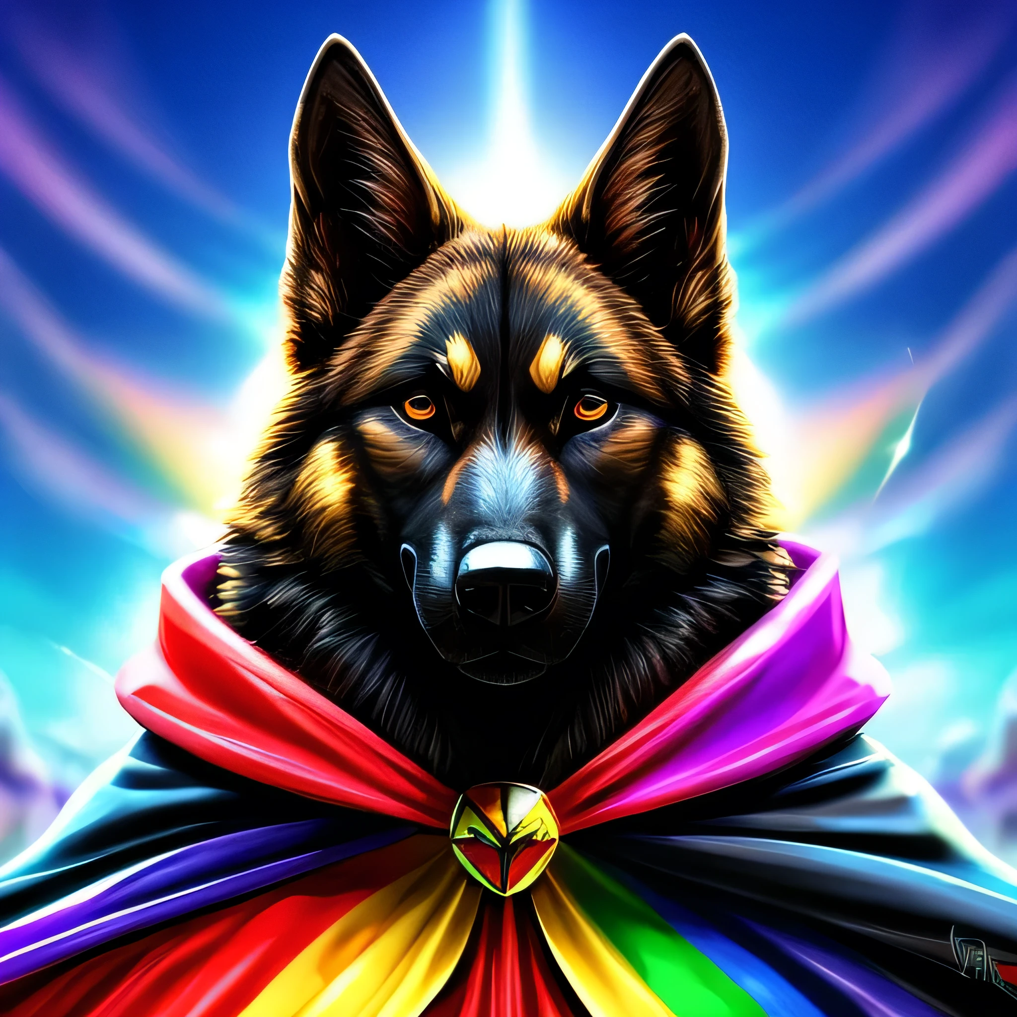 Black furred german shepherd with a bright and a flowing gay pride cape., altura completa, divino, sharp focus, renderizado de octanaje, HDR, atomspheric,