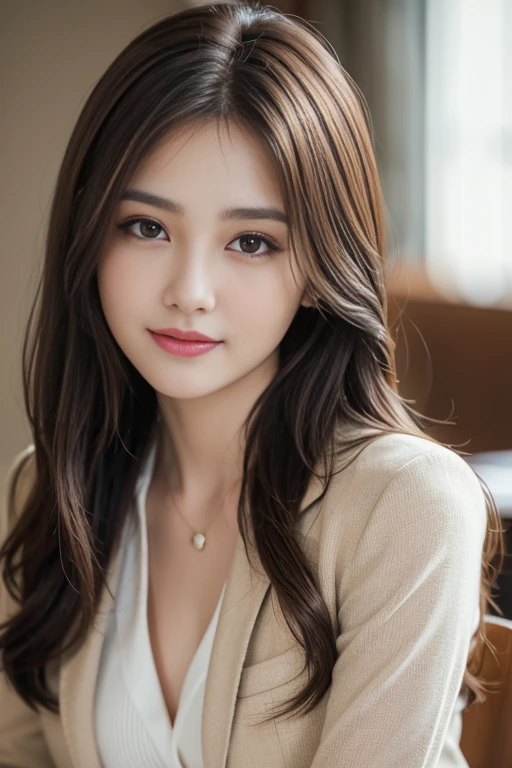 On the table, best quality, Practical, Super detailed, Finely, high resolution, 8k wallpaper, 1 Beautiful woman,, Light brown messy hair, Wearing a suit, Clear focus, Perfect dynamic composition, Beautiful and delicate eyes, Thinning hair, Detailed Practical skin texture, Smile, Close-up portrait, Model figure