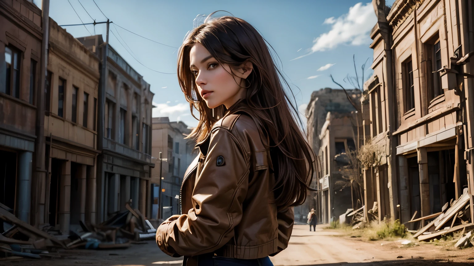 A beautiful woman. Mid twenties. She is wearing a brown jacket and blue jeans. She is looking at the camera with a serious expression. Long dark brown hair. In the space behind her, there are ruins of a megalithic civilization.