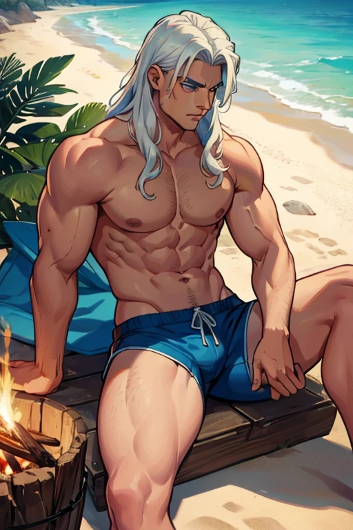 A muscular man with blue eyes and long white hair in swim trunks is sitting by a bonfire at the beach