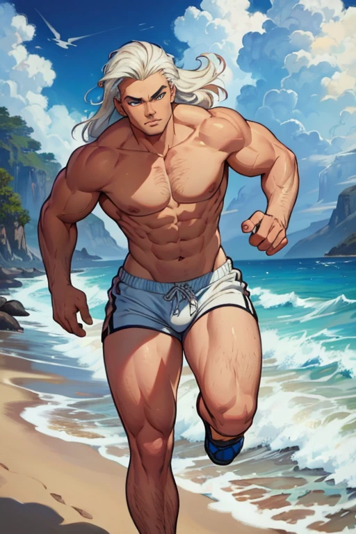 A muscular man with blue eyes and long white hair in swim trunks is running on the beach