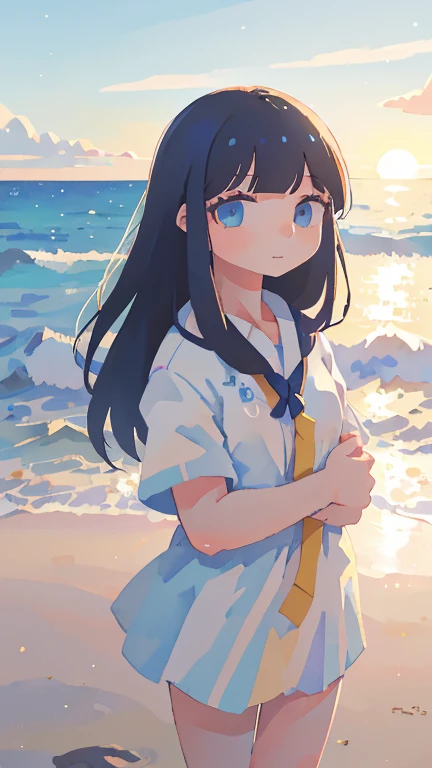 a beautiful young girl wearing a sailor uniform, straight long hair, standing in a white and blue ocean scene, watercolor painting style, hand-drawn, (best quality,4k,8k,highres,masterpiece:1.2),ultra-detailed,(realistic,photorealistic,photo-realistic:1.37),beautiful detailed eyes,beautiful detailed lips,extremely detailed eyes and face,longeyelashes,serene ocean,calm waters,waves,beach,sand,sky,fluffy clouds,sunlight,vibrant colors,soft lighting