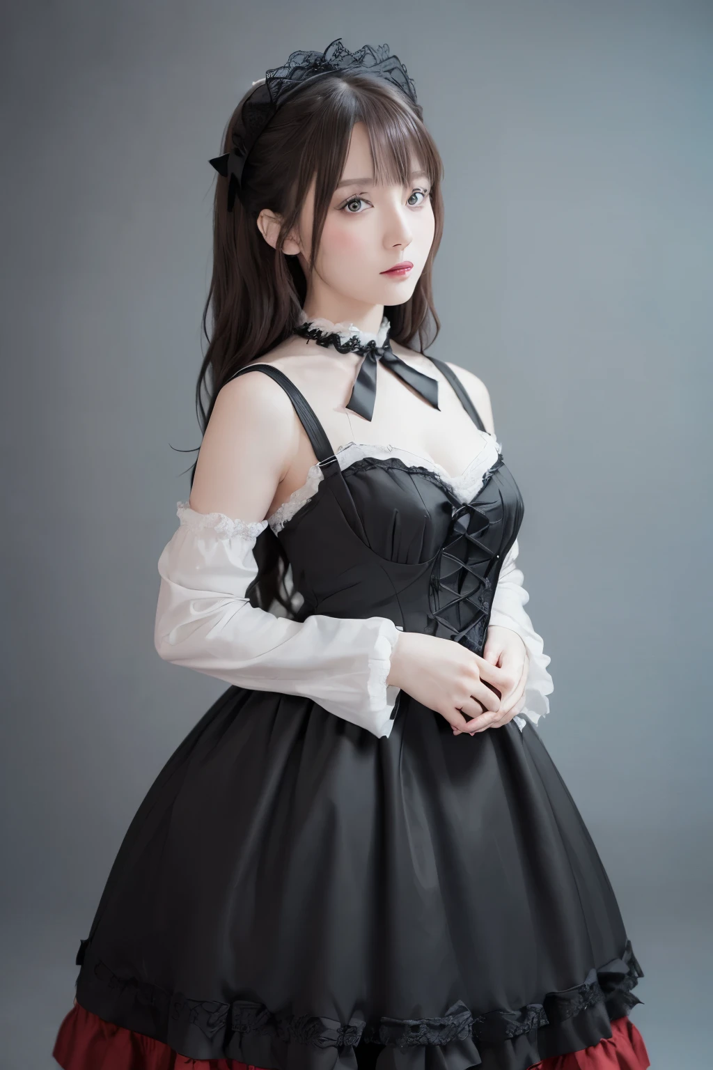 Perfect Anatomy、highest quality、Masseter muscle area、Ultra-detailed、8ｋ、Accurate depiction of the human body、Full body angle、Delicately painted face、Pretty Faced Woman、Gothic ta Fashion、Black Gothic Loliashion、Black and white outfit、Big red hair ornament、Red ribbon hair ornament、Big red hair ornament、Are standing、(((Blurred Background:1.5、Photo Studio、Gray background:1.5、Gray background、Gray background、Gray background、Gray background、Cinema Lighting、Professional Photographer)))