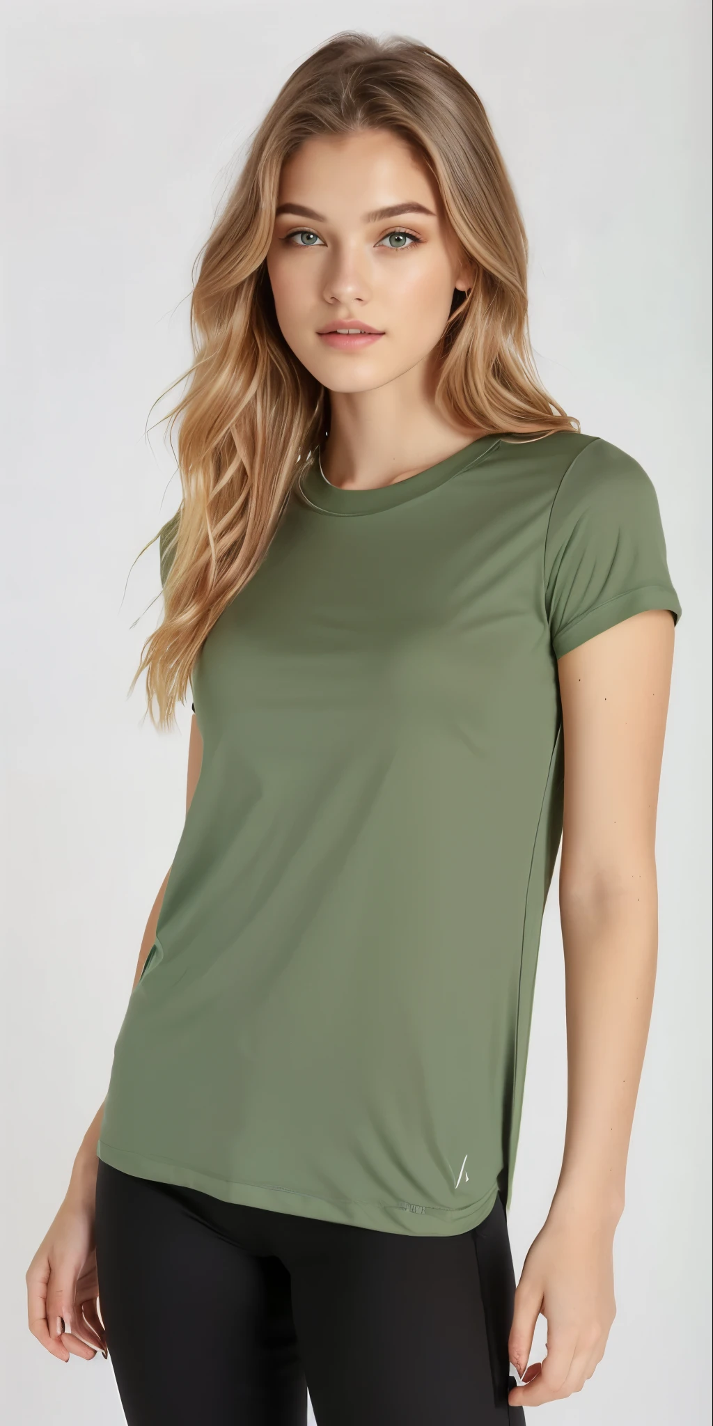 a woman wearing a camisa verde and black leggings, Oliva green, roupas verdes, camisa verde, sage green, casual roupas verdes, roupas verdes sujas, voltado para frente, wearing a Camiseta, Oliva, vestindo uma camiseta e combate, Roupas casuais modernas, facing backwards, Manga curta, camiseta, Camiseta, fotografia de roupas, Basic clothes