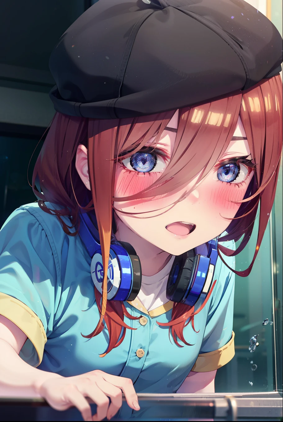 Mikunakano, Miku Nakano, Long Hair, bangs, blue eyes, Brown Hair, shirt, Hair between the eyes, cardigan, Headphones around neck,happy smile, smile, Open your mouth,Oversized blue hoodie,Short sleeve,Shorts,Black knee socks,High-top sneakers,Applejack Hat,Walking,whole bodyがイラストに入るように,A beautiful aquarium with fish swimming in a giant glass tank, A fantastic aquarium with sparkling lights,Dynamic and beautiful shadows, A breathtakingly beautiful sight,Beautiful girl gazing at fish in front of the aquarium、
break indoors, 水族館
break looking at viewer, whole body,
break (masterpiece:1.2), highest quality, High resolution, unity 8k wallpaper, (figure:0.8), (Beautiful fine details:1.6), Highly detailed face, Perfect lighting, Highly detailed CG, (Perfect hands, Perfect Anatomy),