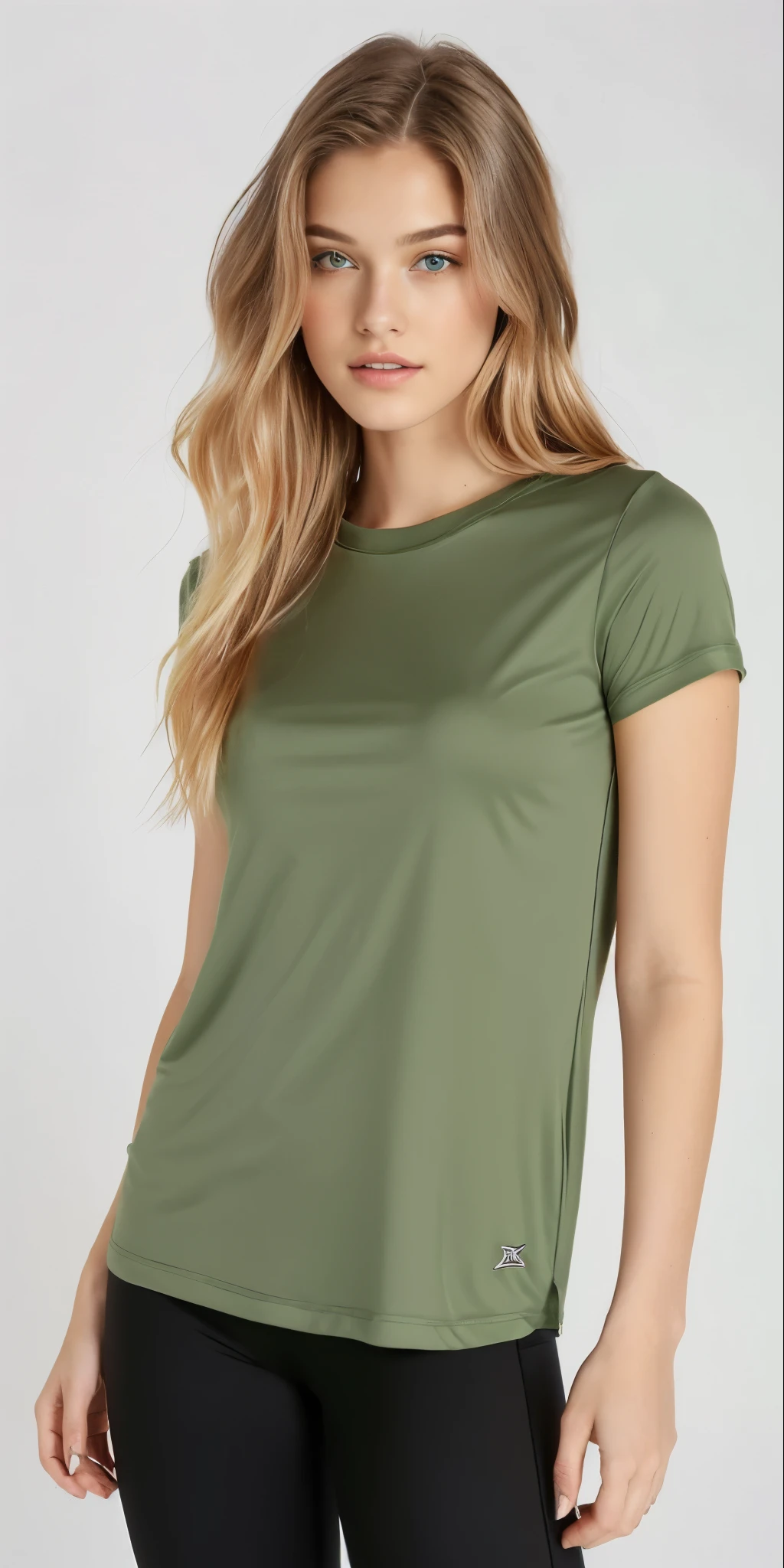 a woman wearing a camisa verde and black leggings, Oliva green, roupas verdes, camisa verde, sage green, casual roupas verdes, roupas verdes sujas, voltado para frente, wearing a Camiseta, Oliva, vestindo uma camiseta e combate, Roupas casuais modernas, facing backwards, Manga curta, camiseta, Camiseta, fotografia de roupas, Basic clothes