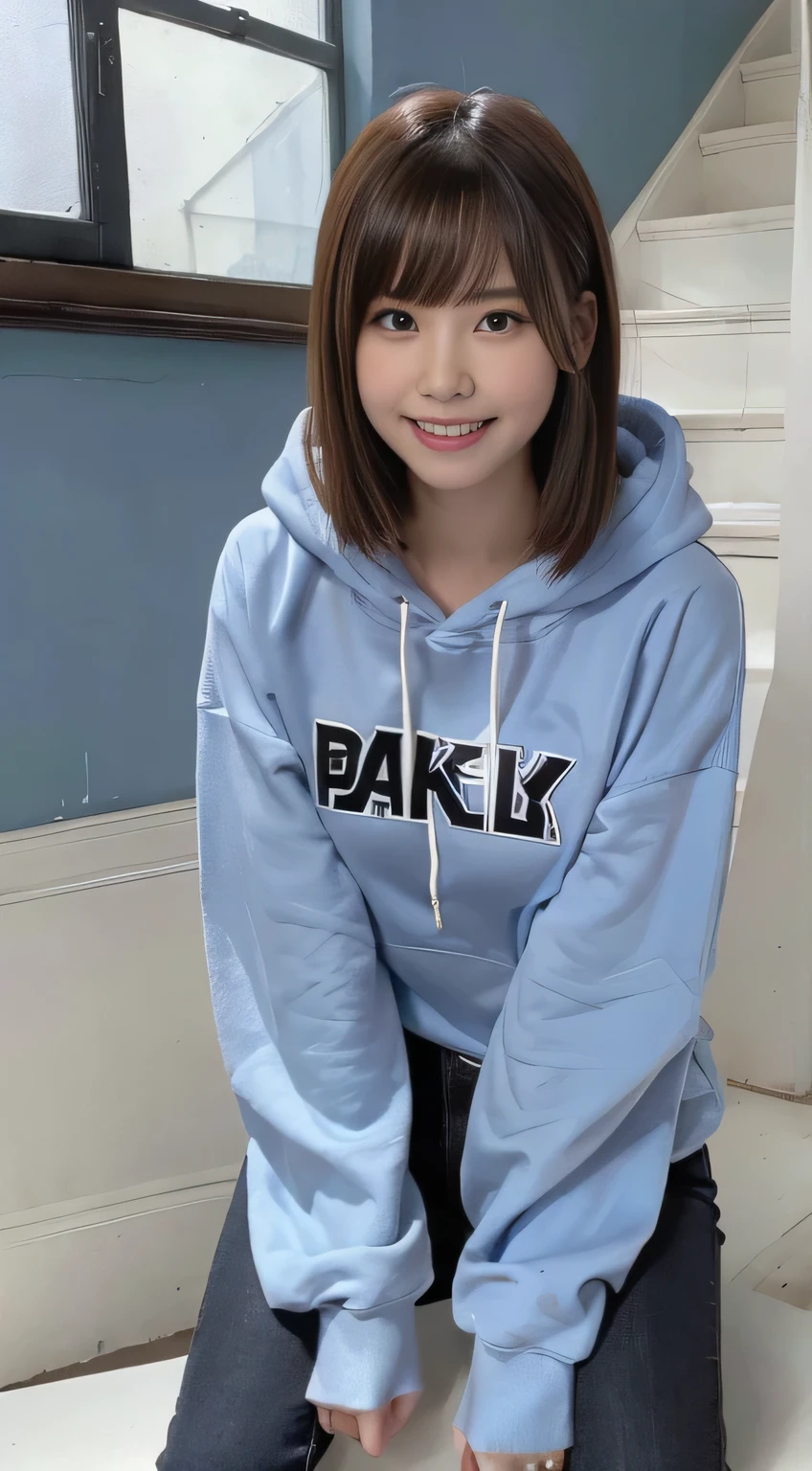 highest quality, Realistic, Very detailed, Finer details, High resolution, 8k wallpaper, One beautiful woman,Sit on the stairs、（Wear black socks）smile、（Beautiful teeth alignment、）（Gums are visible） Oversized hoodie, Skinny jeans,（ Black sneakers）、Black Hair、 Beautiful Bangs、ear piercing、Perfect dynamic composition, Beautiful and detailed, Full Body Shot, A big smile brown hair