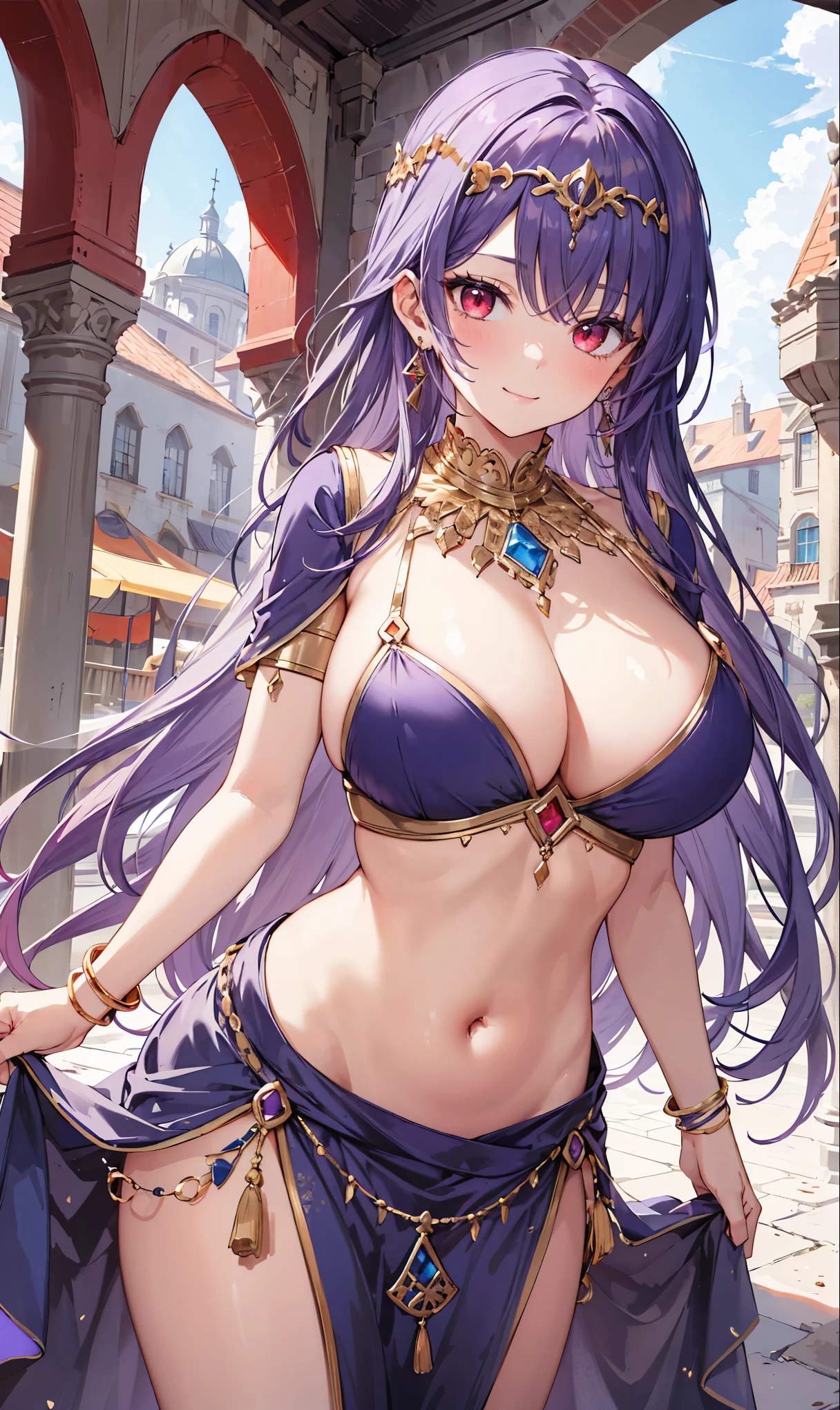 high quality, ultra detailed, best quality, insanely detailed, beautiful, masterpiece, 1girl, medieval plaza, cowboy shot, red eyes, long hair, purple hair, belly dancer, circlet, earrings, armlets, bracelets, bashful smile, large breasts, cleavage, soft stomach