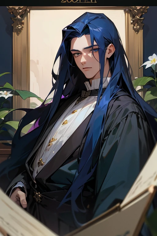 ((best quality)), ((masterpiece)), (detailed), Handsome face, male, 20-year-old boy, Dark blue hair, (long hair, untidy, Straight Hair), Gothic costume