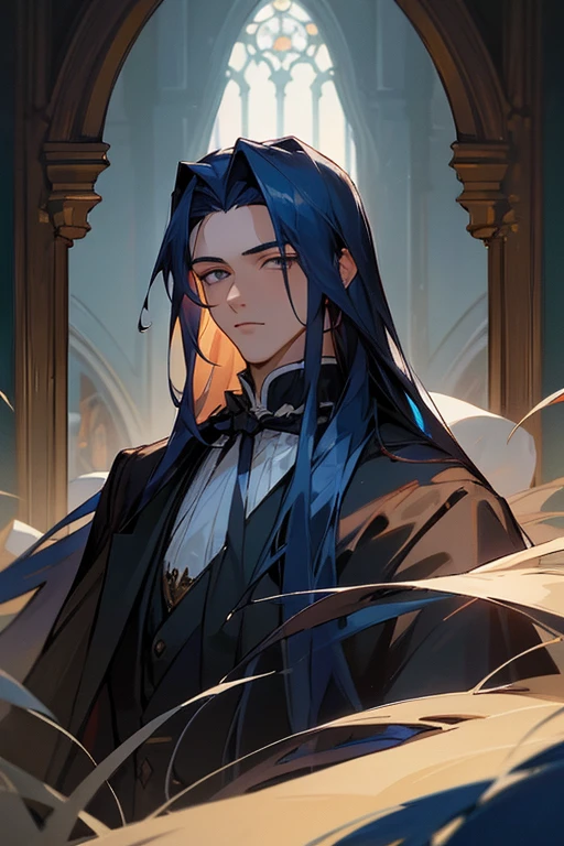 ((best quality)), ((masterpiece)), (detailed), Handsome face, male, 20-year-old boy, Dark blue hair, (long hair, untidy, Straight Hair), Gothic costume