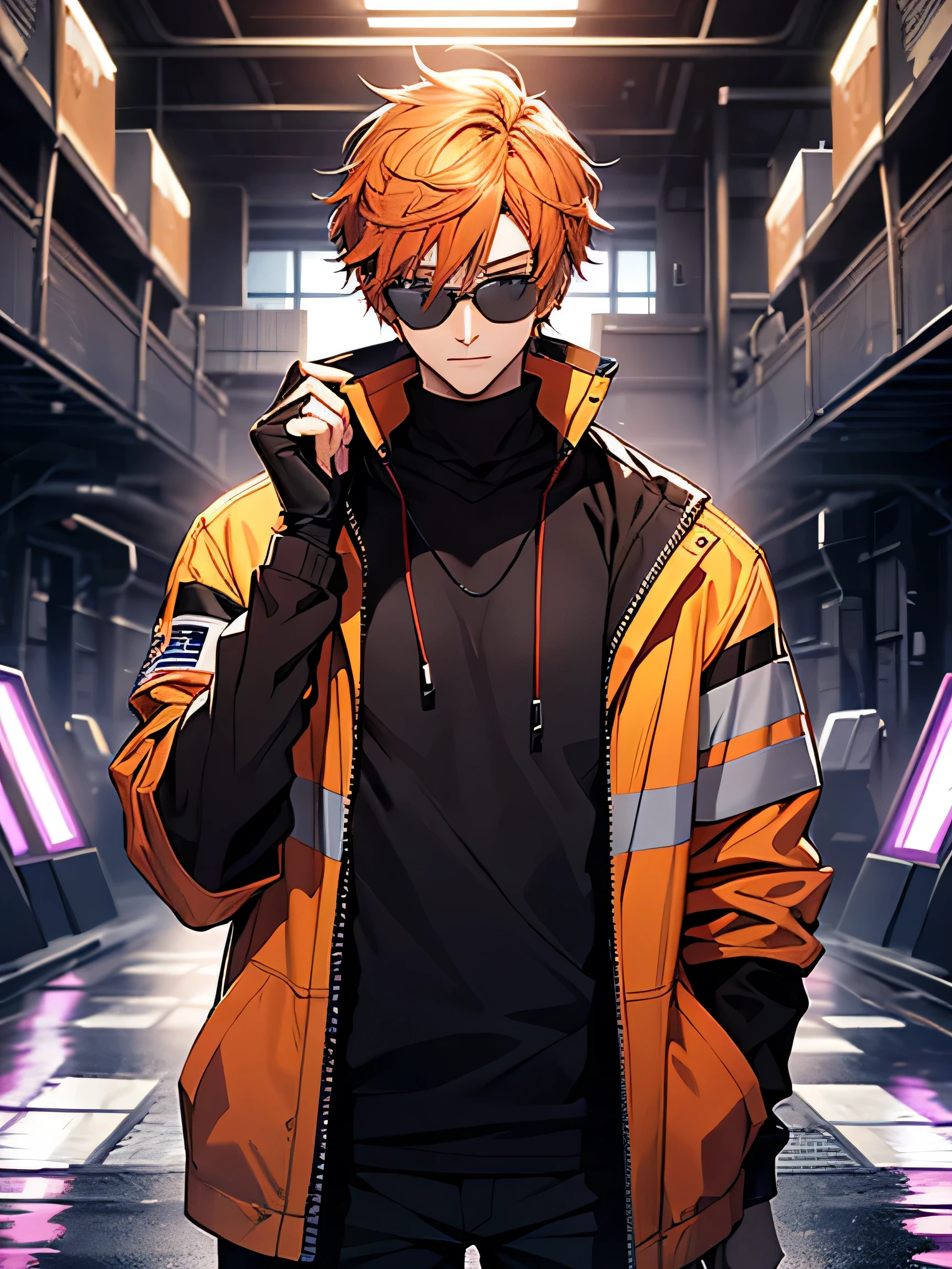 A male character with an INTJ personality who is interested in technology, has orange hair and purple eyes hidden behind glasses. He prefers to wear clothes mixed with black, reflecting his simplicity and firmness.