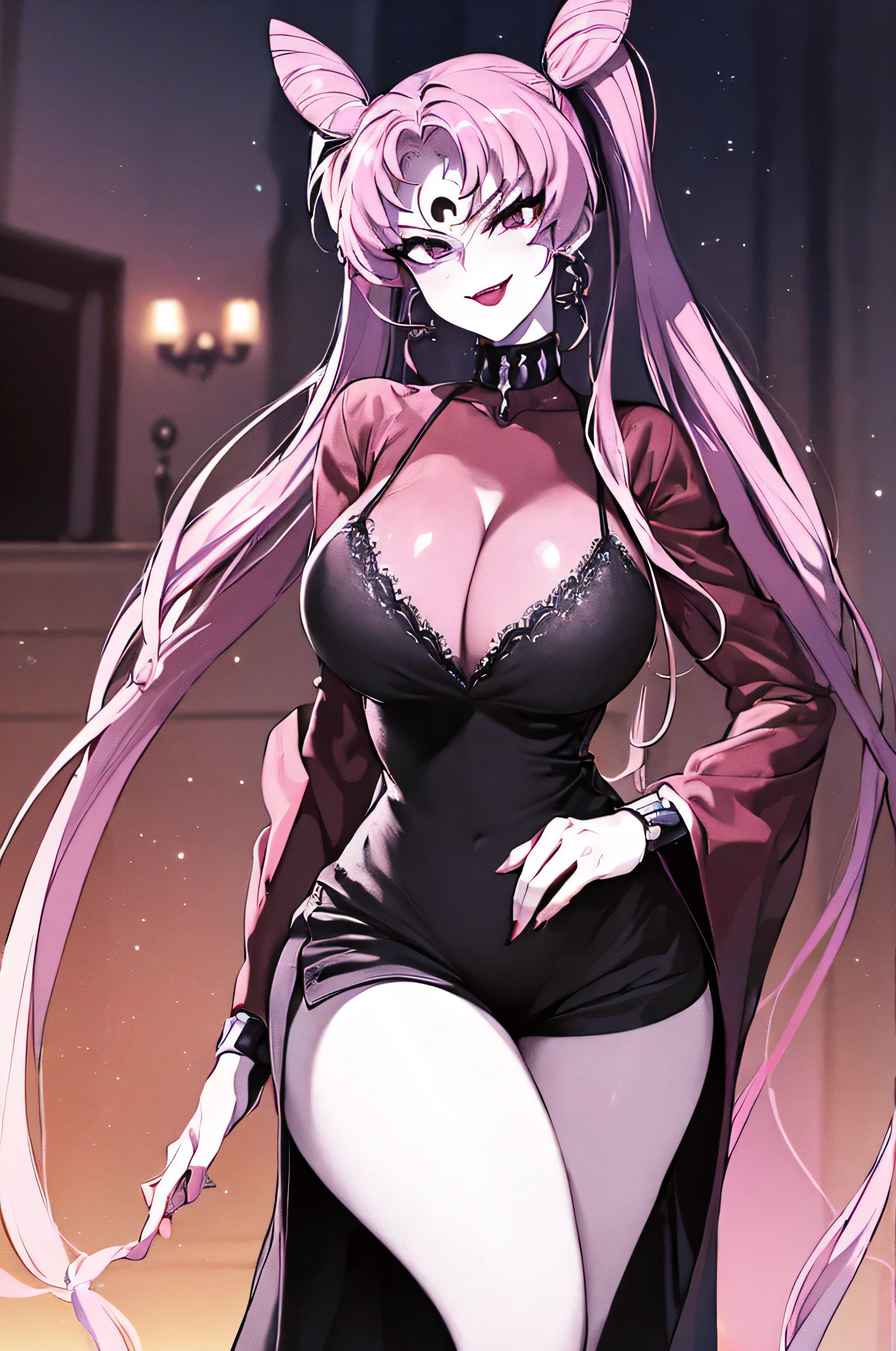 ((masterpiece,best quality)), absurdres,
Black_Lady_Sailor_Moon,pinkhair,twintail
solo, smiling, looking at viewer, cowboy shot,
cinematic composition, evil smirk,official art,short pants,(beautiful_face:1.5),(narrow_waist),,Highly detailed CG Unity 8K wallpaper, perfect lightingofficial art,short pants,(beautiful_face:1.5),(narrow_waist),,Highly detailed CG Unity 8K wallpaper, perfect lighting, anime screencap, retro artstyle, anime coloring, traditional media,evil smile,evil hugehuge laugh,lipstick,purple crystail backgroud,, facial expression, sadistic smile, Closeup, fondo, colores oscuros,,crazy smile,horror,very dark badass,shaded face,