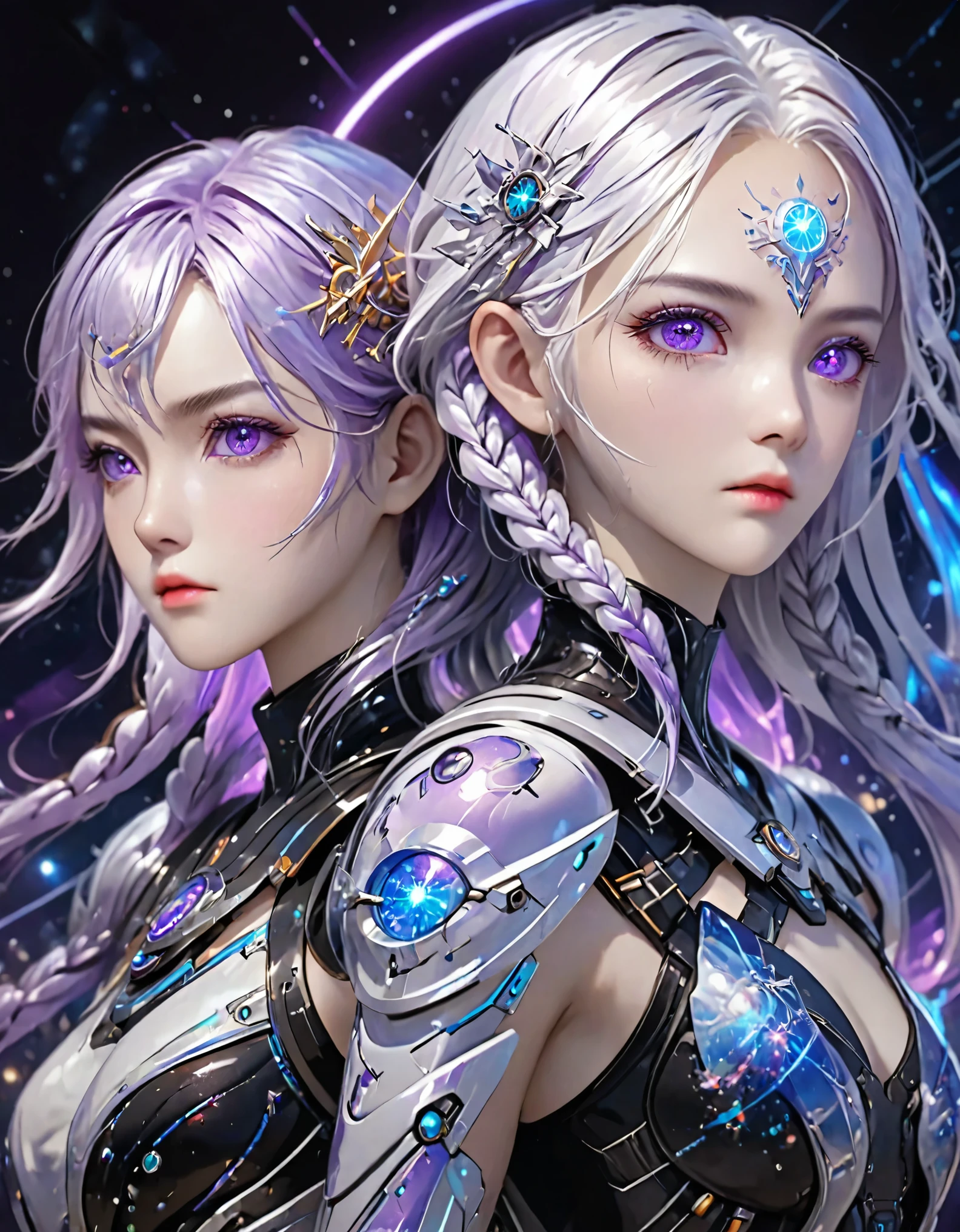 Two cyborg girls standing standing side by side looking at the viewer, yinji, purple hair, purple eyes, long hair, white hair, double braids, gradient hair, highly detailed, intricate machinery, glossy metal skin, glowing blue lights, complex circuitry, futuristic technology, edge light, dramatic lighting, beautiful starry background, octane rendering, cool, personality, brave, realistic 3D render, cinematic composition, award winning digital art, best quality, masterpiece, illustrations, very exquisite and beautiful, very detailed, CG, unity, wallpaper, stunning, exquisite details