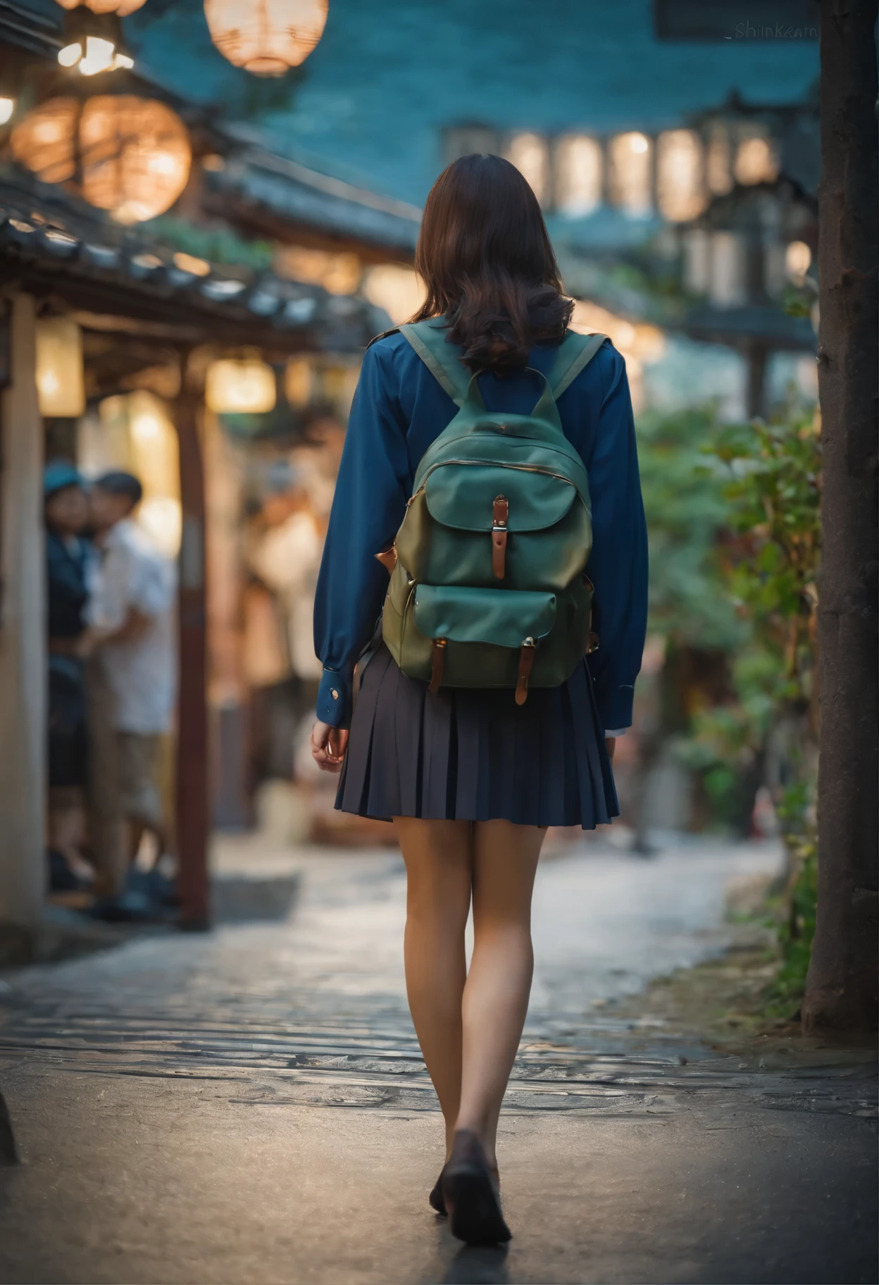 Asian woman in arafe in skirt and Backpack walks down the street, with a Backpack, Seifuku, Surreal , Surreal , Japanese , sakimichan, Japanese girls uniform, Backpack, Acquire Japanese language skills , shikamimi, Chiho, high school girl, by Shiba Kōkan