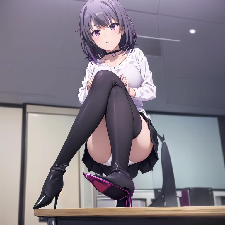 1people々 girl,((Haruno YukinoshitaFull Body)),Purple Hair ,(masterpiece:1.2), highest quality, (((Thin legs))),((((High resolution)))), unity 8k wallpaper, (shape:0.8), Highly detailed face, Perfect lighting, Extremely detailed CG,(((School classroom)))),(Big Breasts)、(((((office lady))))、(((Spread your legs on the desk))),(((suit))),((Black tight skirt)),(((Black long boots))),(((Black pointed toe)))、(((Black stiletto heels)))、choker、((((Thin legs)))),short hair,(White panties),(Hands on skirt),Panchi et al.,smile