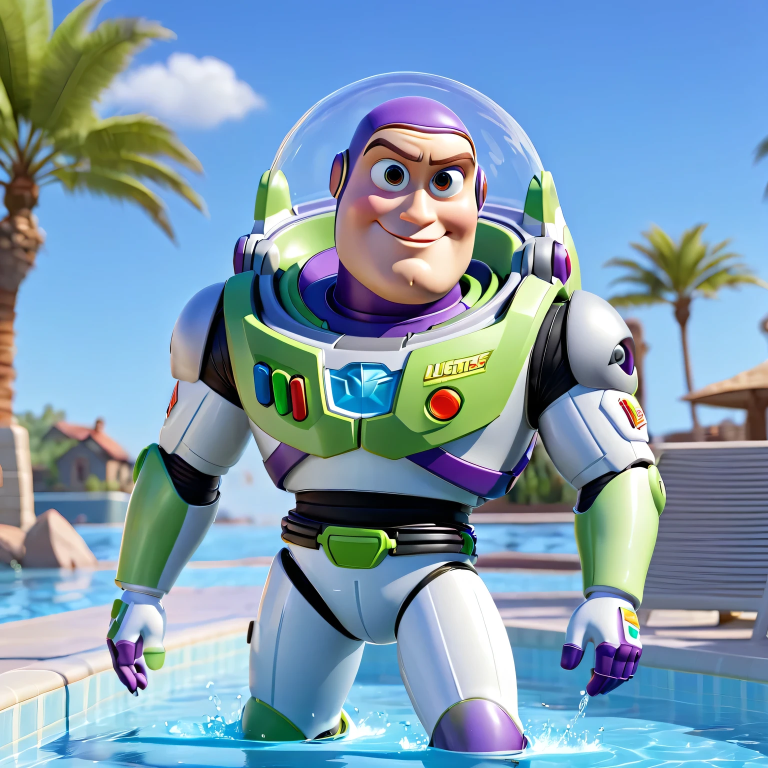 Buzz Lightyear, 3D Cartoon, Swimming in a pool in a spacesuit