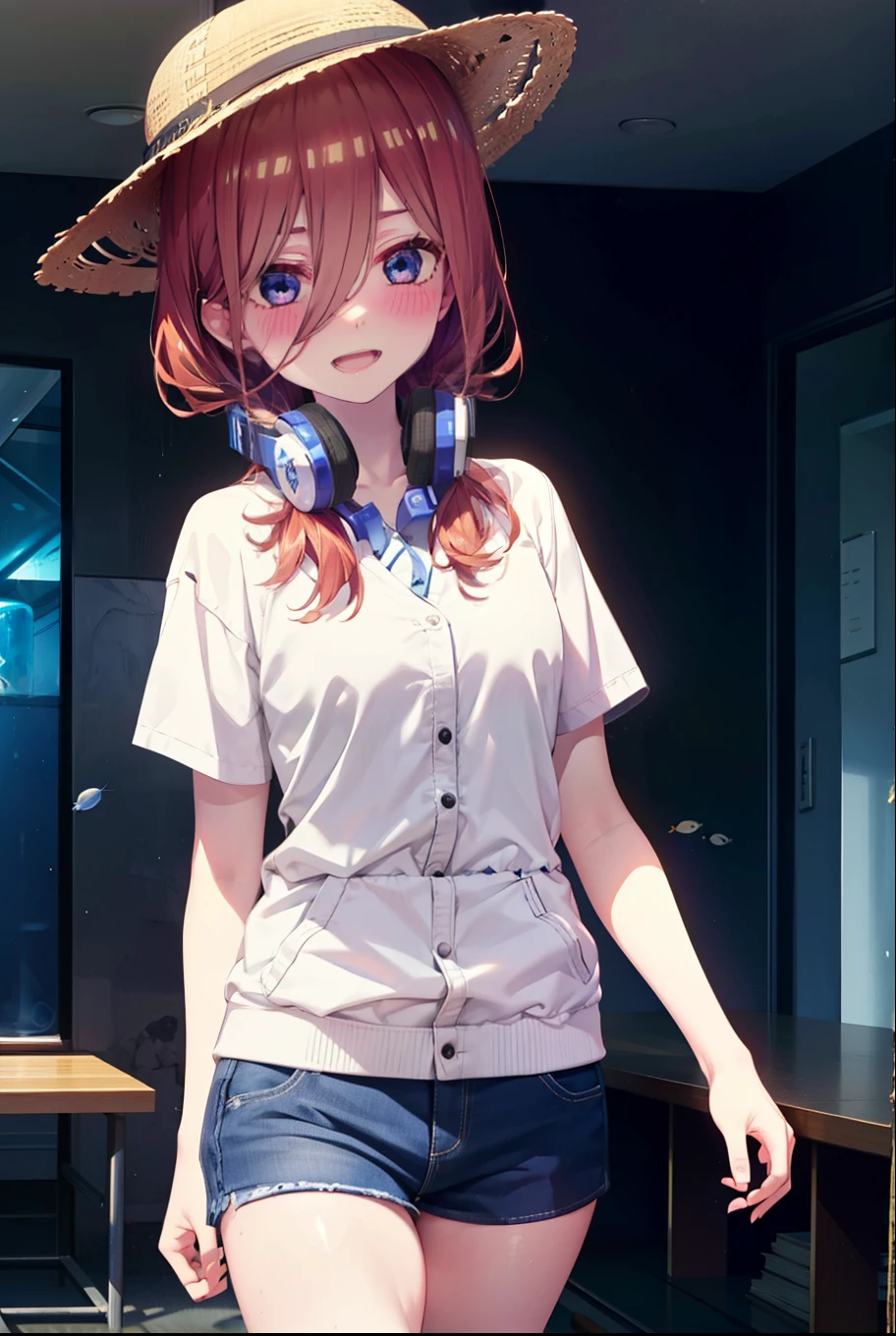 Mikunakano, Miku Nakano, Long Hair, bangs, blue eyes, Brown Hair, shirt, Hair between the eyes, cardigan, Headphones around neck,happy smile, smile, Open your mouth,Oversized blue hoodie,Short sleeve,Shorts,Black knee socks,High-top sneakers,Applejack Hat,Walking,whole bodyがイラストに入るように,A beautiful aquarium with fish swimming in a giant glass tank, A fantastic aquarium with sparkling lights,Dynamic and beautiful shadows, A breathtakingly beautiful sight,Beautiful girl gazing at fish in front of the aquarium、
break indoors, 水族館
break looking at viewer, whole body,(Cowboy Shot:1. 5)
break (masterpiece:1.2), highest quality, High resolution, unity 8k wallpaper, (figure:0.8), (Beautiful fine details:1.6), Highly detailed face, Perfect lighting, Highly detailed CG, (Perfect hands, Perfect Anatomy),
