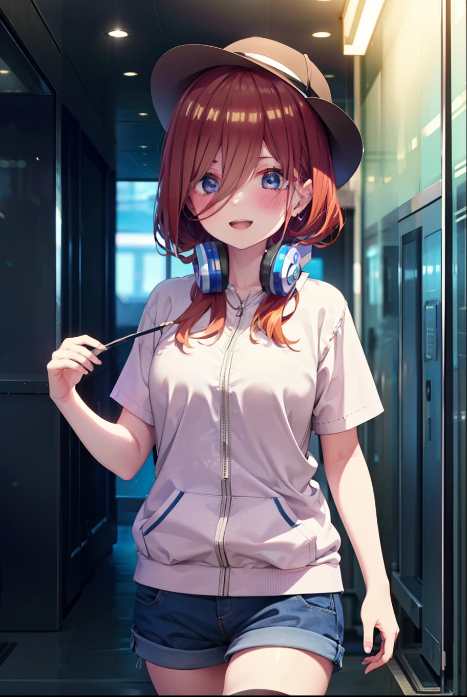 Mikunakano, Miku Nakano, Long Hair, bangs, blue eyes, Brown Hair, shirt, Hair between the eyes, cardigan, Headphones around neck,happy smile, smile, Open your mouth,Oversized blue hoodie,Short sleeve,Shorts,Black knee socks,High-top sneakers,Applejack Hat,Walking,whole bodyがイラストに入るように,A beautiful aquarium with fish swimming in a giant glass tank, A fantastic aquarium with sparkling lights,Dynamic and beautiful shadows, A breathtakingly beautiful sight,Beautiful girl gazing at fish in front of the aquarium、
break indoors, 水族館
break looking at viewer, whole body,(Cowboy Shot:1. 5)
break (masterpiece:1.2), highest quality, High resolution, unity 8k wallpaper, (figure:0.8), (Beautiful fine details:1.6), Highly detailed face, Perfect lighting, Highly detailed CG, (Perfect hands, Perfect Anatomy),