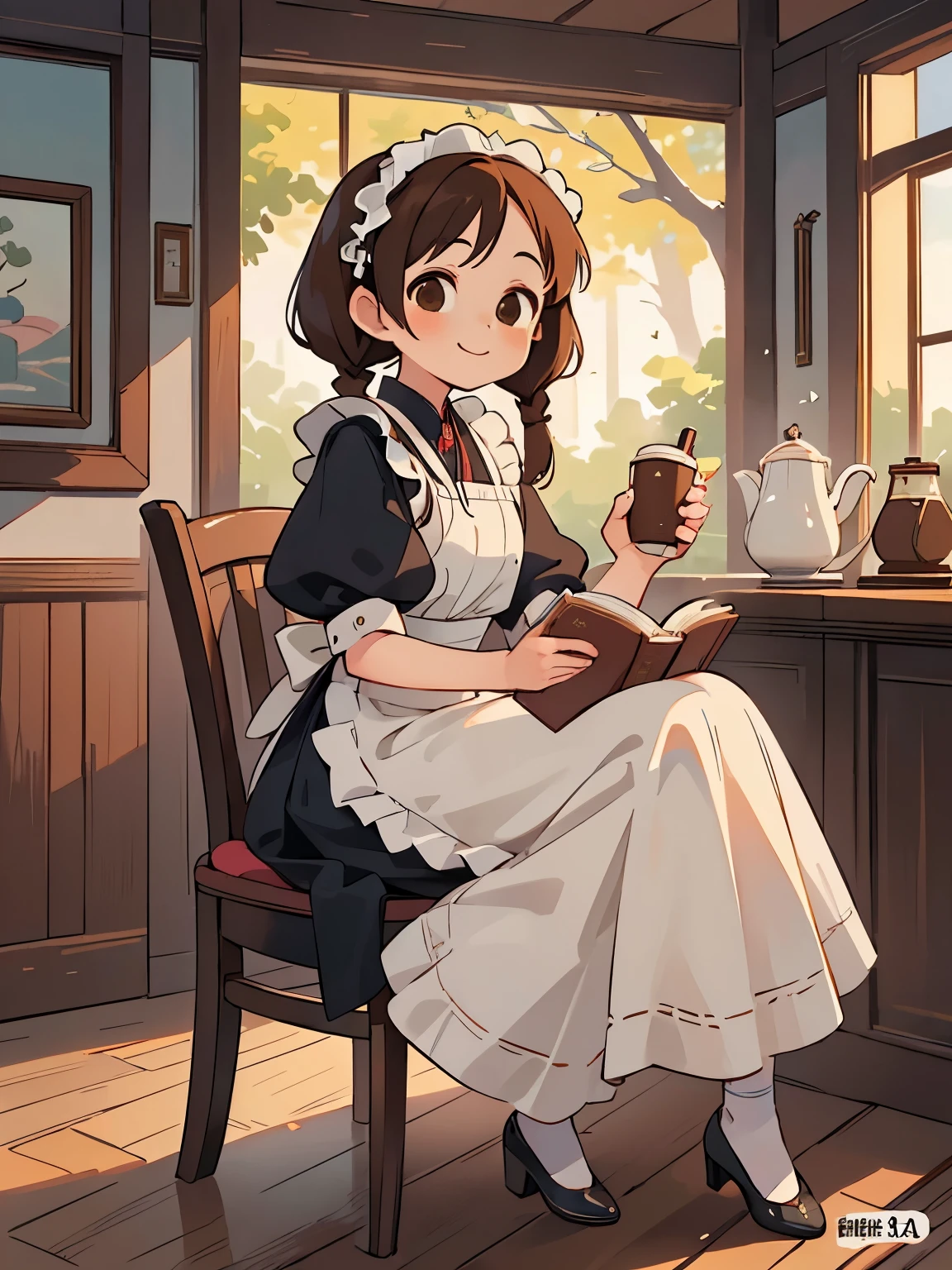 (masterpiece、highest quality、highest quality、Official Art、Beautiful and beautiful:1.2)、(One girl:1.3)Hatsune Miku、Twin tails,Big Breasts,Fluffy hair,Brown Hair,(下向きTwin tails),((Braided Short Hair)),Slight red tide,((Brown eyes)),(A coffee shop with a Showa retro atmosphere),((Siphon or coffee cup)),(A counter with a warm and modern atmosphere),((Meiji period~Showa era waitress)),(Maid clothes),(White headdress),((sitting in a chair reading a book)),Look at me,(Stiletto Heel Shoes),Smiling with a gentle face,((close)),(((close of face))),