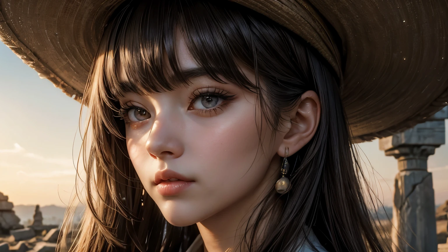 Upper body close-up image。One beautiful woman。Twenty years old。She has her bangs down。Detailed drawing of faces。Beautiful double eyelids。Straight nose。Well-shaped lips。She is looking at the camera with a serious expression。In the space behind her are the ruins of a megalithic civilization.。Masterpiece。
