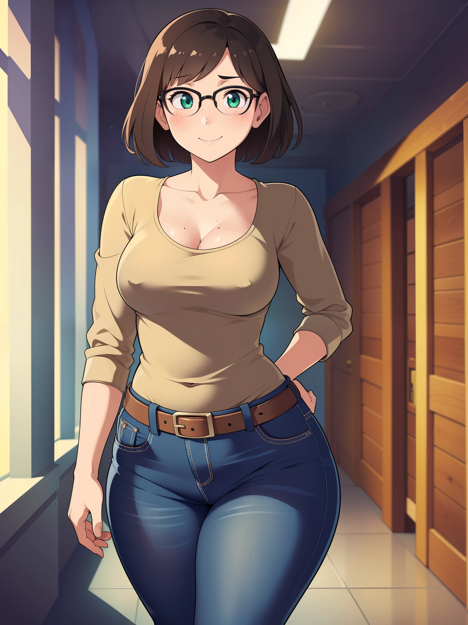 ((Masterpiece)), perfect anatomy, perfect shading, field of depth, (best quality), extremely delicate and beautiful, perfect lighting, detailed face, ultra cute face, cute, (cowboy shot 1.2), full body, (((1girl))), ((solo)), looking at viewer,
short hair, fluffy hair, brown hair, green eyes, freckles, Glasses, ((blush)), shy, smile, (black shirt 1.5), (jeans 1.2), belt, extremely tight clothes, medium breasts, (wide hips), (thick thighs),
school hallway, intricate background, detailed background, hand on hip,