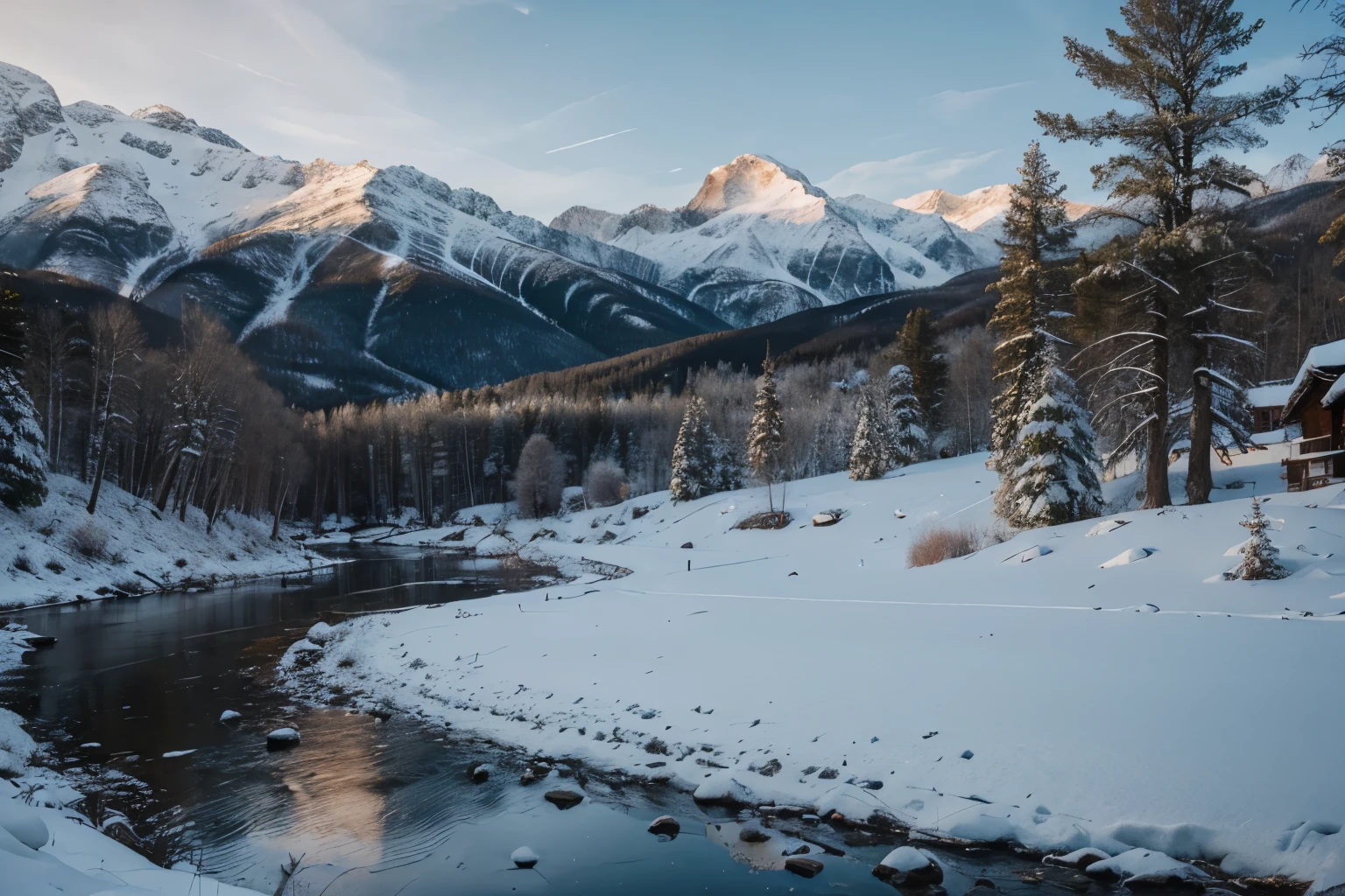 RAW photo, winter landscape, mountains, trees, 8k uhd, dslr, soft lighting, high quality, film grain, Fujifilm XT3