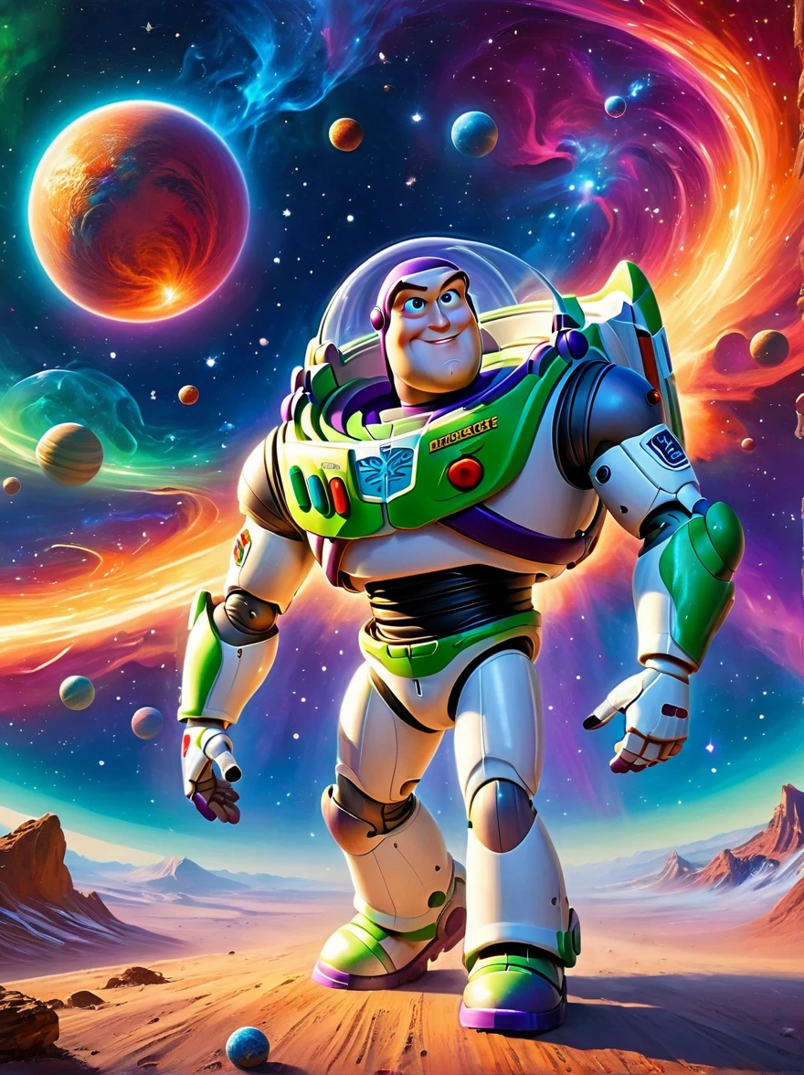 Buzz Lightyear strolls through a colorful space environment，From red to blue，Rich colors from green to purple reflect the wonders of the universe surrounding space travelers，When a massive supernova explodes，One will notice an ethereal blend of tones，A huge amount of energy is released in the background。，This sublime celestial event illuminates the wonders of the infinite universe with incandescent filaments and pulsating light.，Casting a spectacular light across the entire panorama，This mesmerizing landscape celebrates the stunning beauty and mystery of space