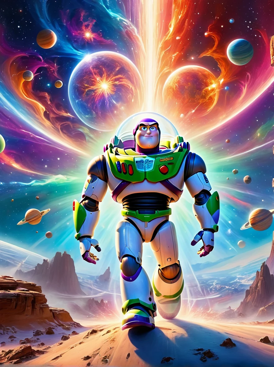 Buzz Lightyear strolls through a colorful space environment，From red to blue，Rich colors from green to purple reflect the wonders of the universe surrounding space travelers，When a massive supernova explodes，One will notice an ethereal blend of tones，A huge amount of energy is released in the background。，This sublime celestial event illuminates the wonders of the infinite universe with incandescent filaments and pulsating light.，Casting a spectacular light across the entire panorama，This mesmerizing landscape celebrates the stunning beauty and mystery of space