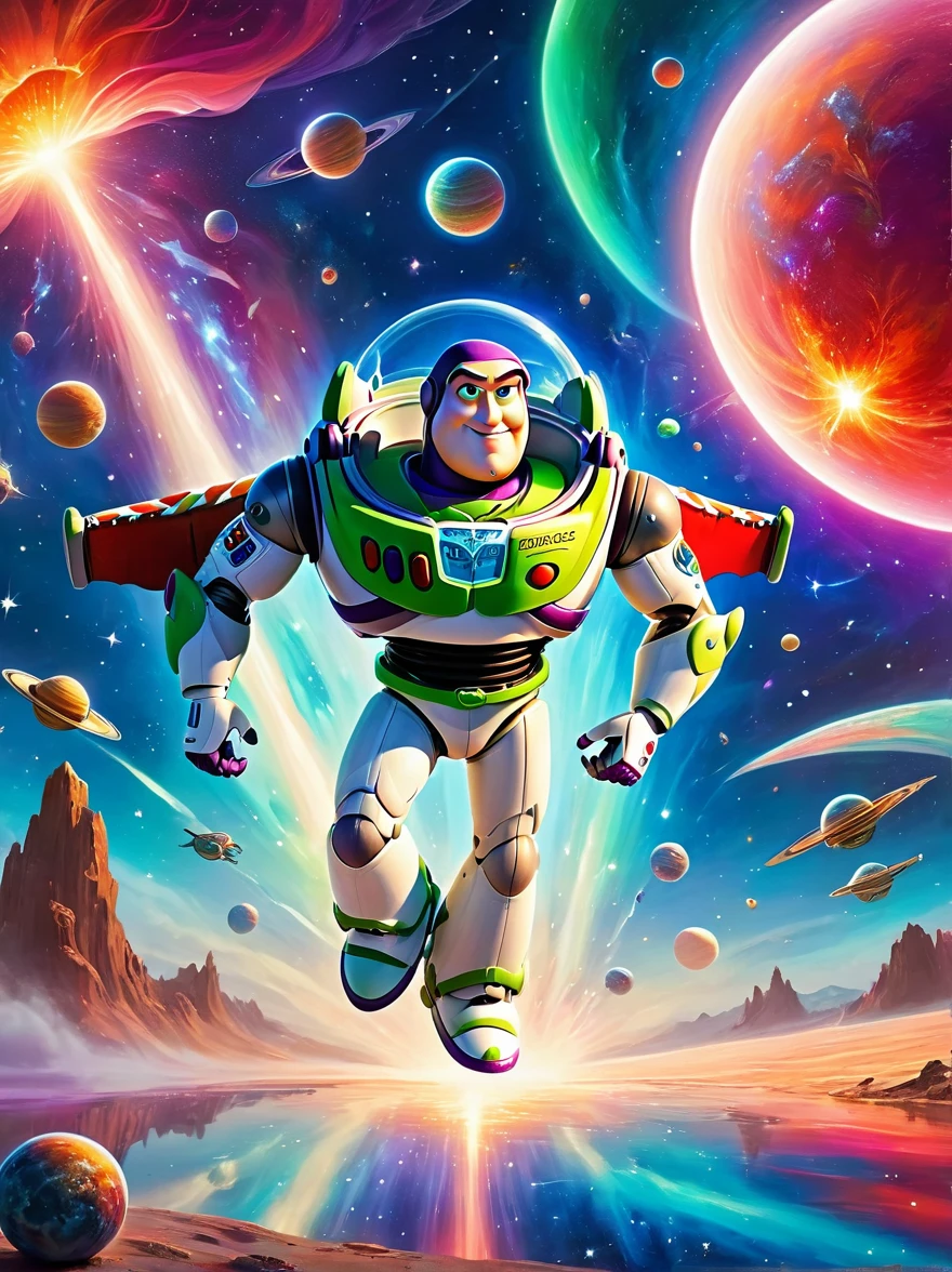 Buzz Lightyear strolls through a colorful space environment，From red to blue，Rich colors from green to purple reflect the wonders of the universe surrounding space travelers，When a massive supernova explodes，One will notice an ethereal blend of tones，A huge amount of energy is released in the background。，This sublime celestial event illuminates the wonders of the infinite universe with incandescent filaments and pulsating light.，Casting a spectacular light across the entire panorama，This mesmerizing landscape celebrates the stunning beauty and mystery of space