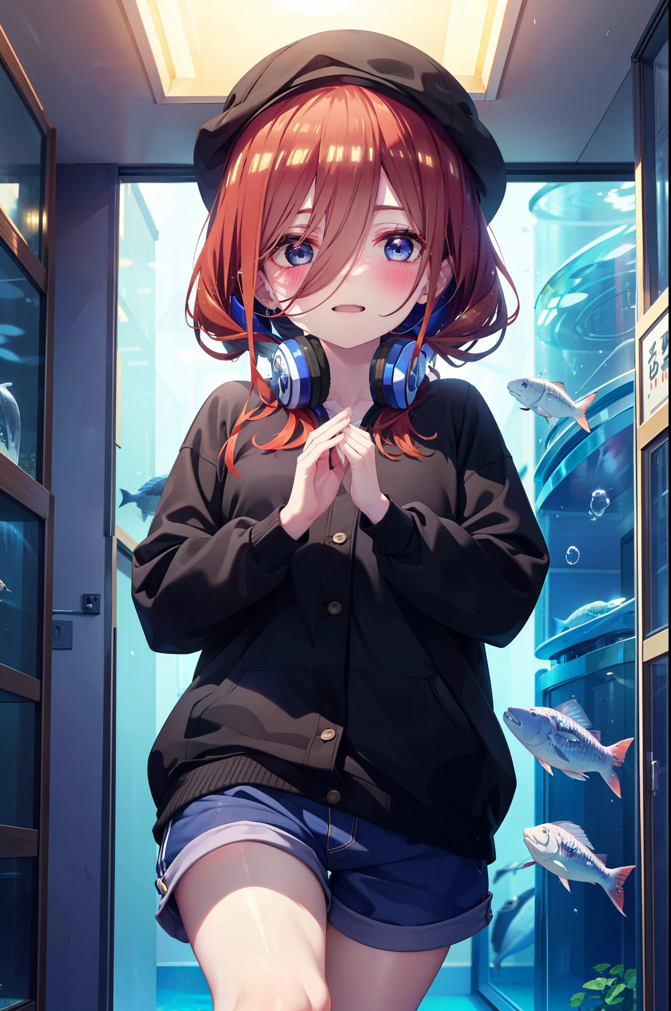 Mikunakano, Miku Nakano, Long Hair, bangs, blue eyes, Brown Hair, shirt, Hair between the eyes, cardigan, Headphones around neck,happy smile, smile, Open your mouth,Oversized blue hoodie,Short sleeve,Shorts,Black knee socks,High-top sneakers,Applejack Hat,Walking,whole bodyがイラストに入るように,A beautiful aquarium with fish swimming in a giant glass tank, A fantastic aquarium with sparkling lights,Dynamic and beautiful shadows, A breathtakingly beautiful sight,Beautiful girl gazing at fish in front of the aquarium、
break indoors, 水族館
break looking at viewer, whole body,(Cowboy Shot:1. 5)
break (masterpiece:1.2), highest quality, High resolution, unity 8k wallpaper, (figure:0.8), (Beautiful fine details:1.6), Highly detailed face, Perfect lighting, Highly detailed CG, (Perfect hands, Perfect Anatomy),