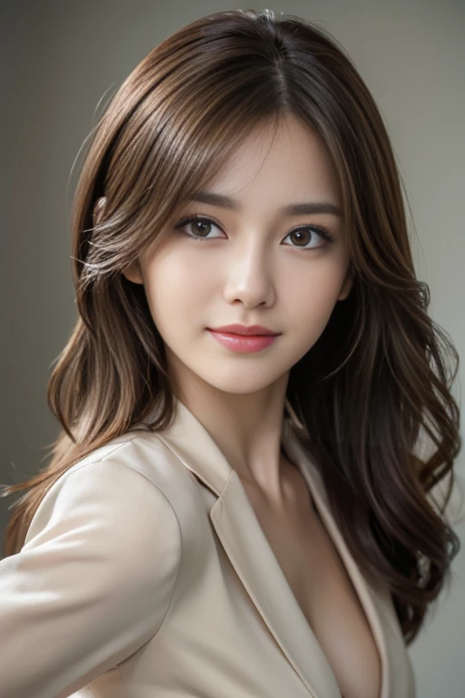 On the table, best quality, Practical, Super detailed, Finely, high resolution, 8k wallpaper, 1 Beautiful woman,, Light brown messy hair, Wearing a suit, Clear focus, Perfect dynamic composition, Beautiful and delicate eyes, Thinning hair, Detailed Practical skin texture, Smile, Close-up portrait, Model figure