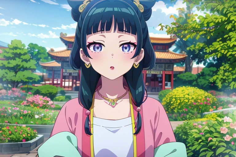 Masseter muscle area, highest quality, 超A high resolution, highest quality, Anime Style, One girl, Maomao, Pink outerwear, blue eyes, Green Hair, Yellow hair ornament, Pink eyeshadow at the corners of the eyes, Close-up of face, (Red pink lips:1.5), White Stall, (Chinese Style Necklace:1.3)