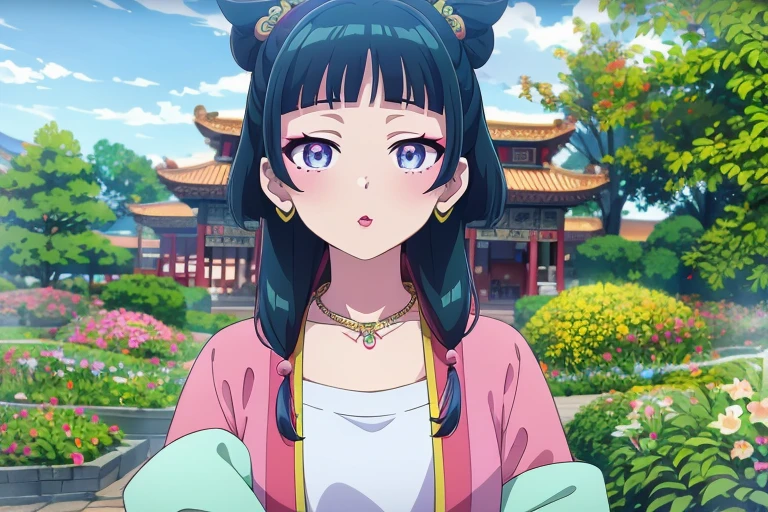 Masseter muscle area, highest quality, 超A high resolution, highest quality, Anime Style, One girl, Maomao, Pink outerwear, blue eyes, Green Hair, Yellow hair ornament, Pink eyeshadow at the corners of the eyes, Close-up of face, (Red pink lips:1.5), White Stall, (Chinese Style Necklace:1.3)