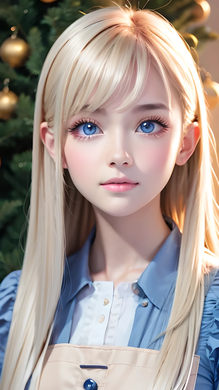 Photorealism、highest quality、超A high resolution、photograph、Photograph of a very beautiful girl from Scandinavia、Very beautiful girl、Cute and beautiful face details、(PurerosFace_v1:0.008)、Beautiful Bangs、Alice in Wonderland、16 years old、Shine, fair, Shine Skin、Facial hair、Bangs on the face、Bangs between the eyes、Super long super long hair、Attractive bright natural platinum blonde super long straight silky hair、Thin Hair、Very large, Beautifully Shine Bright Blue Eyes、white apron、Blue clothes、eyeliner、double eyelid、Ample Bust、white, Shiny skin、Small Face Beauty、Round face、