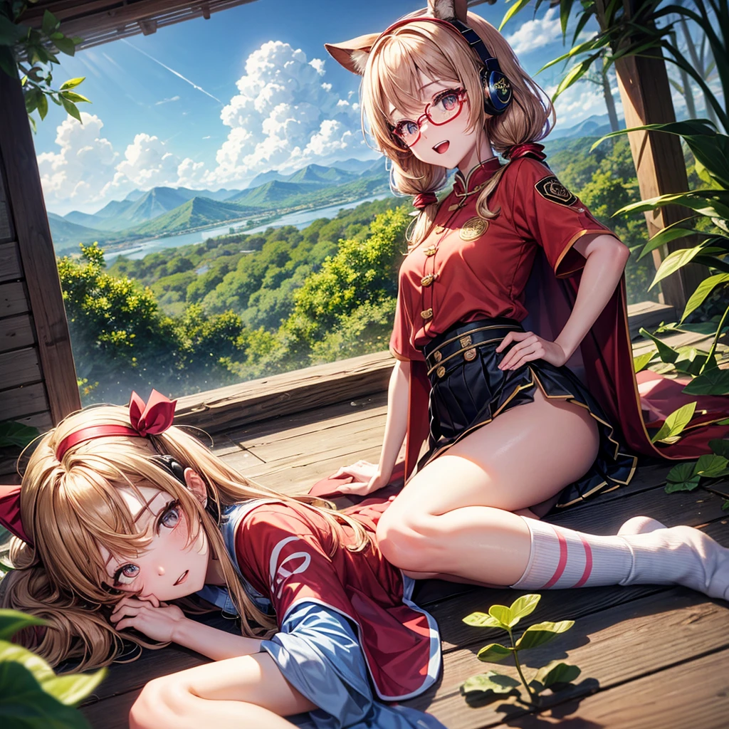 Pink gold golden hair、Golden Eyes、One good looking girl、Twin tails、solo、anime、Checkered mini skirt、The skirt has buttons、Red T-shirt、China、Cape、Black knee-high socks、Wearing headphones、Wearing a ribbon、Ribbon on waist、Tilting face、Teeth are visible、Sunset sky、Water Mountain、Piercing the clouds、Contrail、Red lens glasses、tree、Touching your face、lotus leaves、Cumulonimbus、bamboo forest、Lying down、Glass